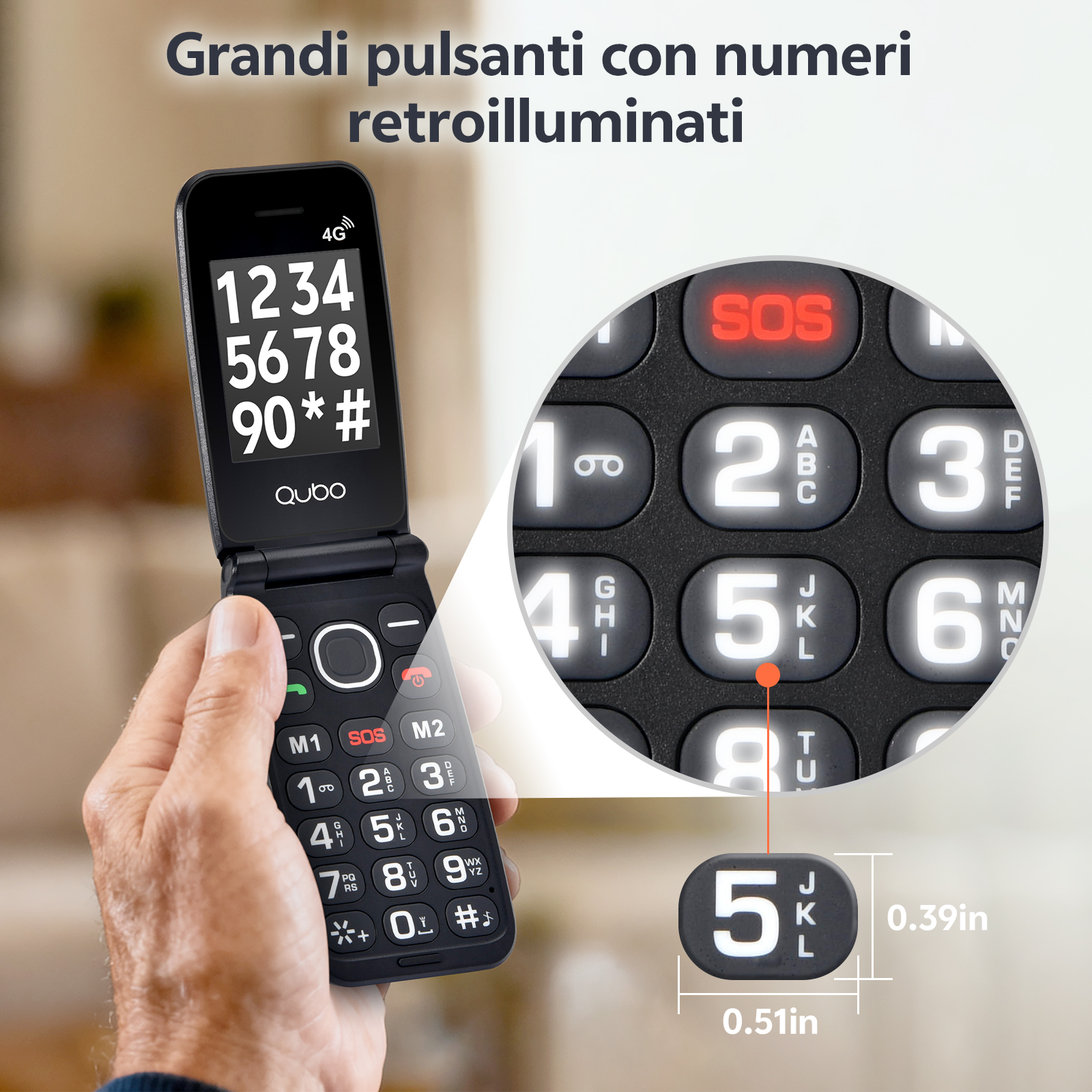 Una mano tiene un telefono a conchiglia nero con tasti grandi e illuminati. Il pulsante SOS si illumina di rosso. Primo piano del '5'.