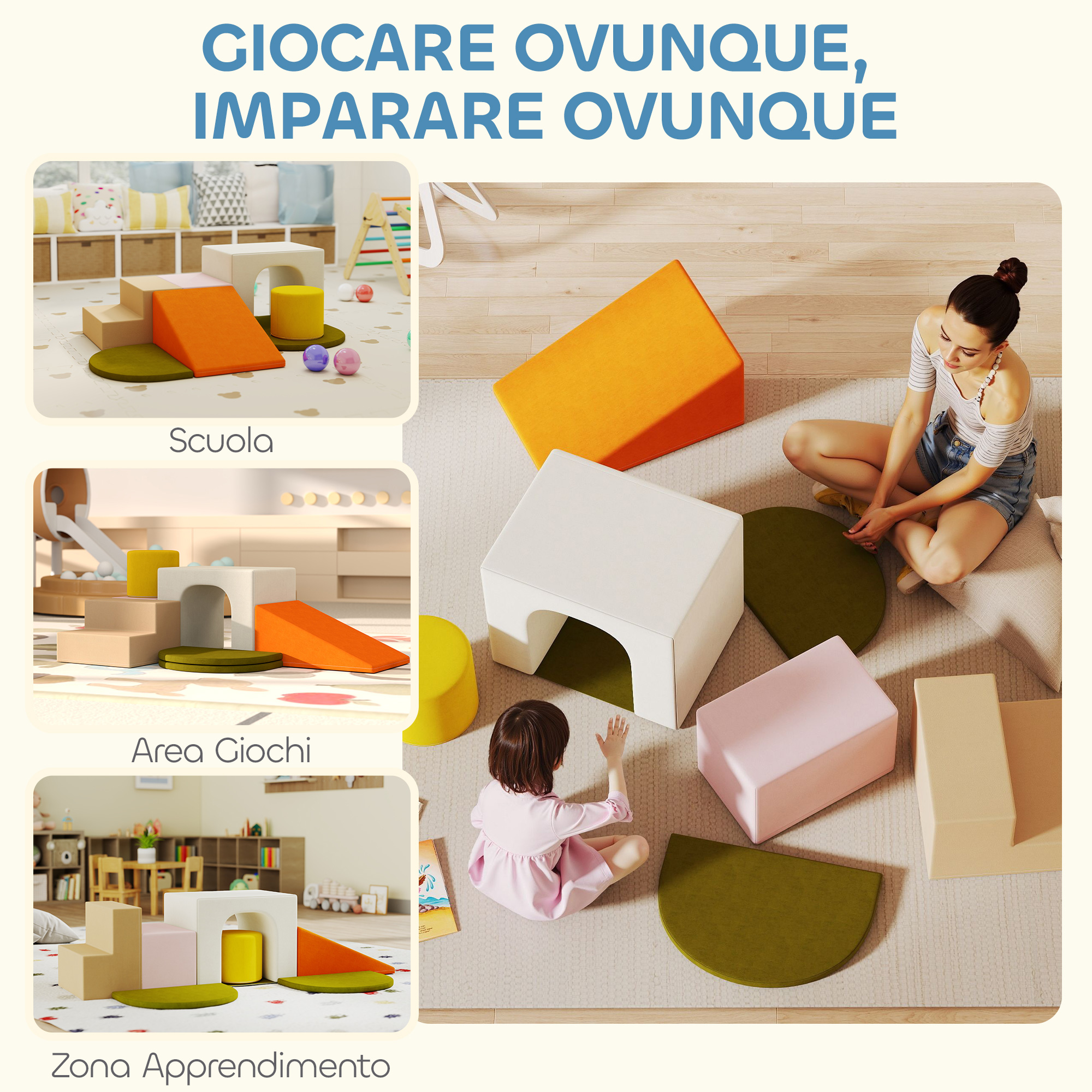 L'immagine mostra un'area giochi per bambini con blocchi colorati e una donna e un bambino che interagiscono.