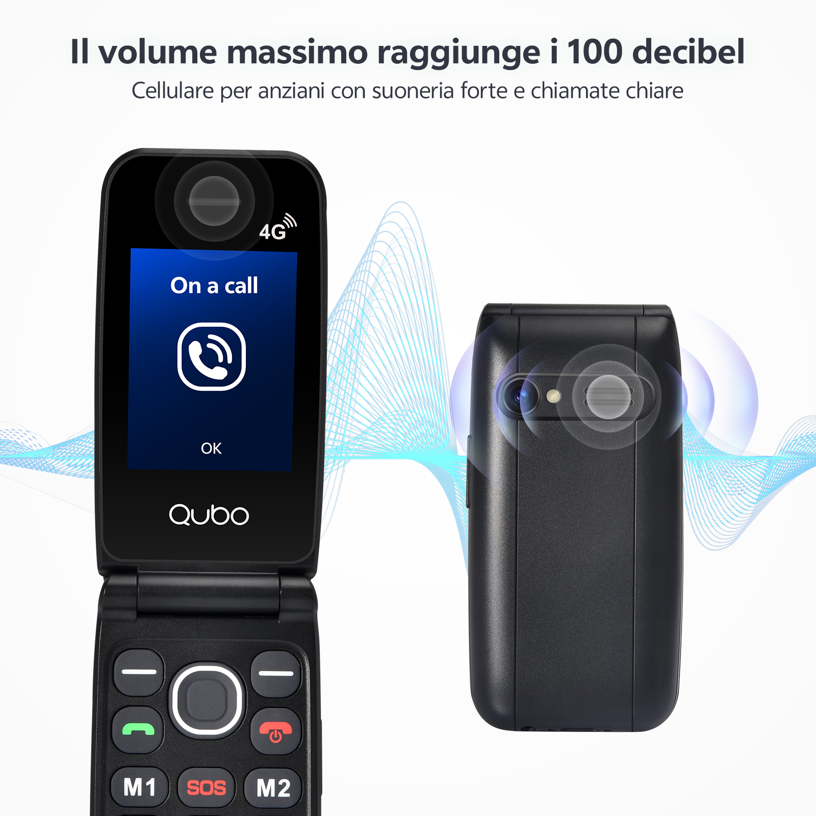 Un telefono a conchiglia nero con lo schermo che mostra una chiamata attiva. Ha pulsanti grandi e il marchio è Qubo.