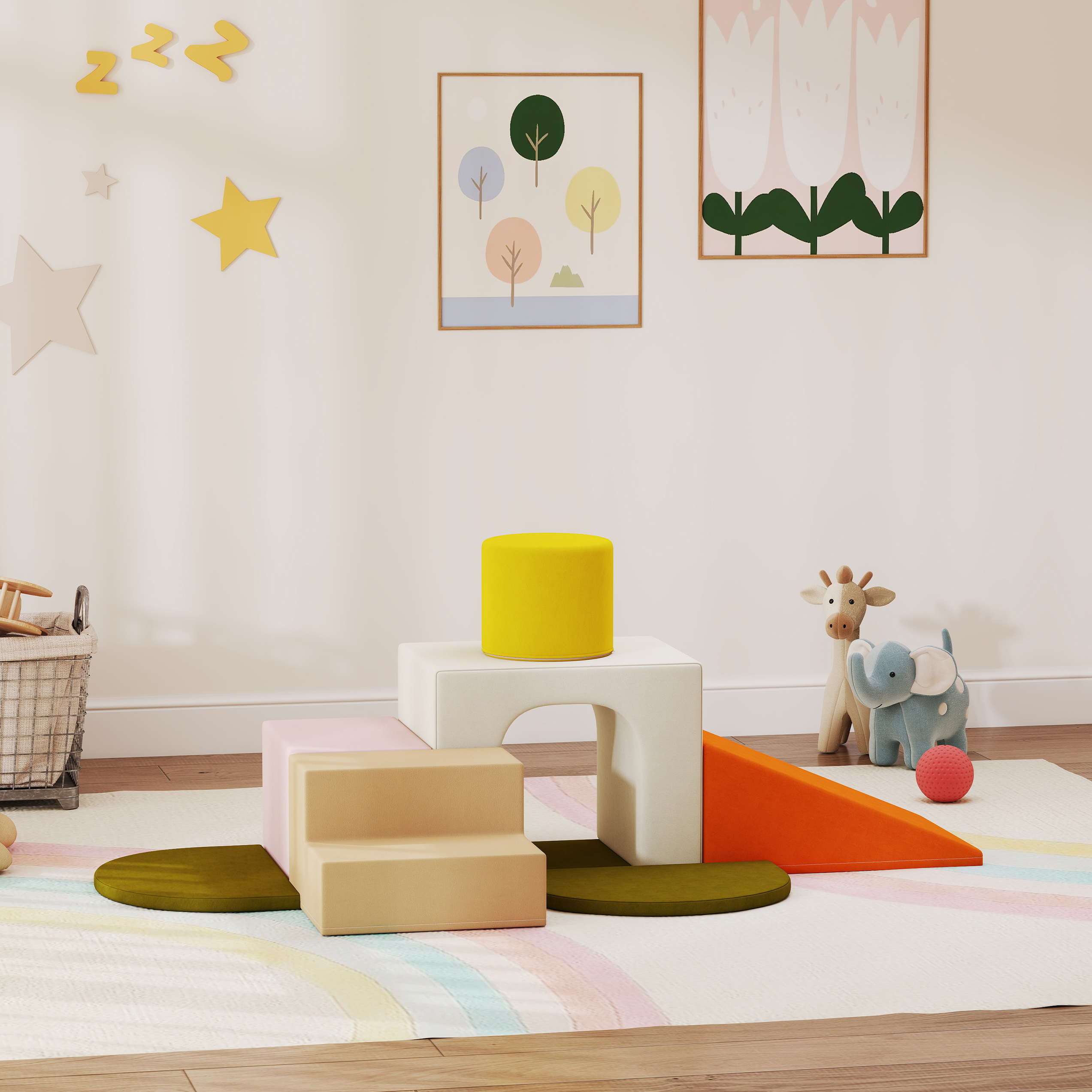 Una stanza giochi con blocchi colorati, giocattoli e arte. Include una giraffa, un elefante e una palla rossa. Stelle e Zzz sul muro.
