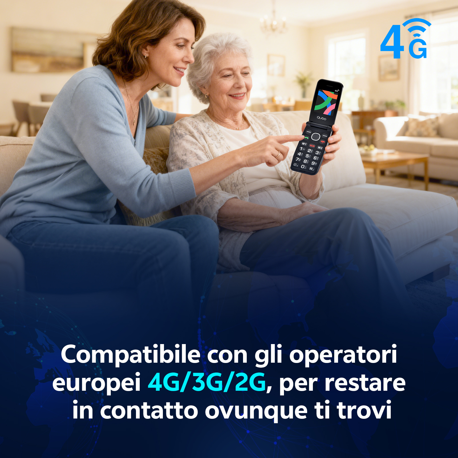 Due donne su un divano guardano un telefono a conchiglia. Una indica lo schermo. Simbolo 4G visibile.