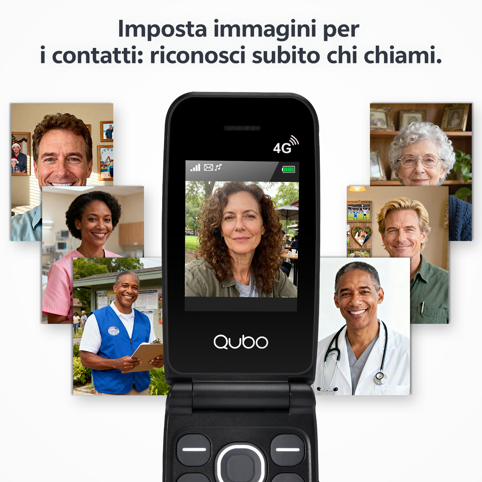 Un telefono a conchiglia nero mostra il volto di una donna. Intorno al telefono ci sono foto di varie persone. Il testo dice: 'Imposta immagini per i contatti'.