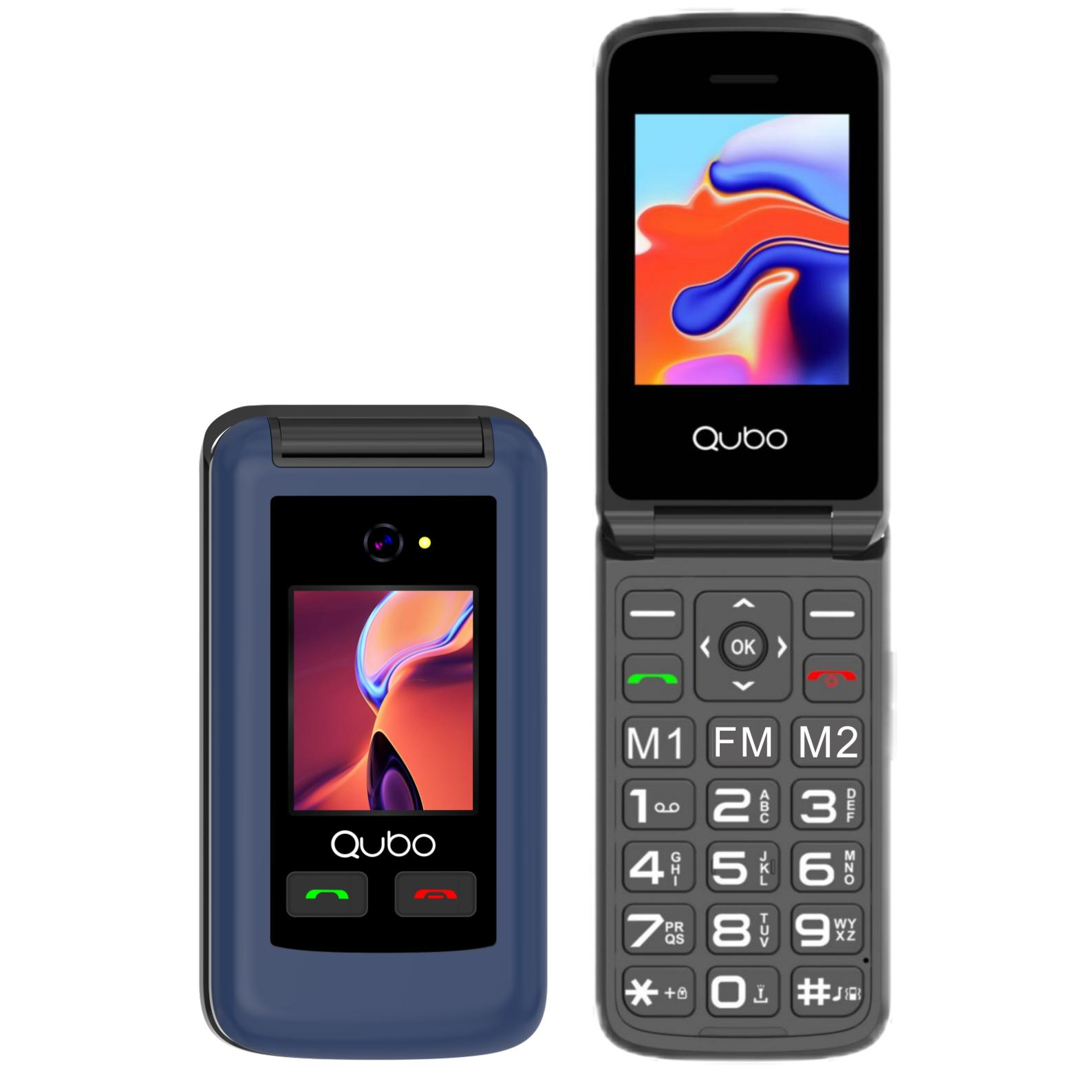 Due telefoni a conchiglia Qubo, uno aperto, che mostra lo schermo. L'altro chiuso. Entrambi blu. Tastiera e schermo visibili.