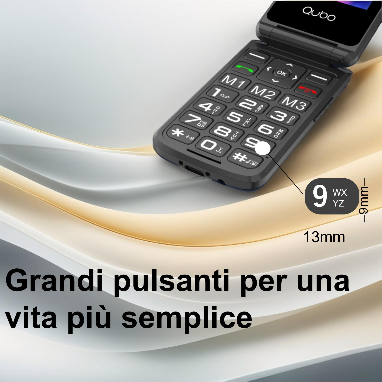 Telefono a conchiglia nero con tasti grandi, testo: 'Grandi pulsanti per una vita più semplice'.