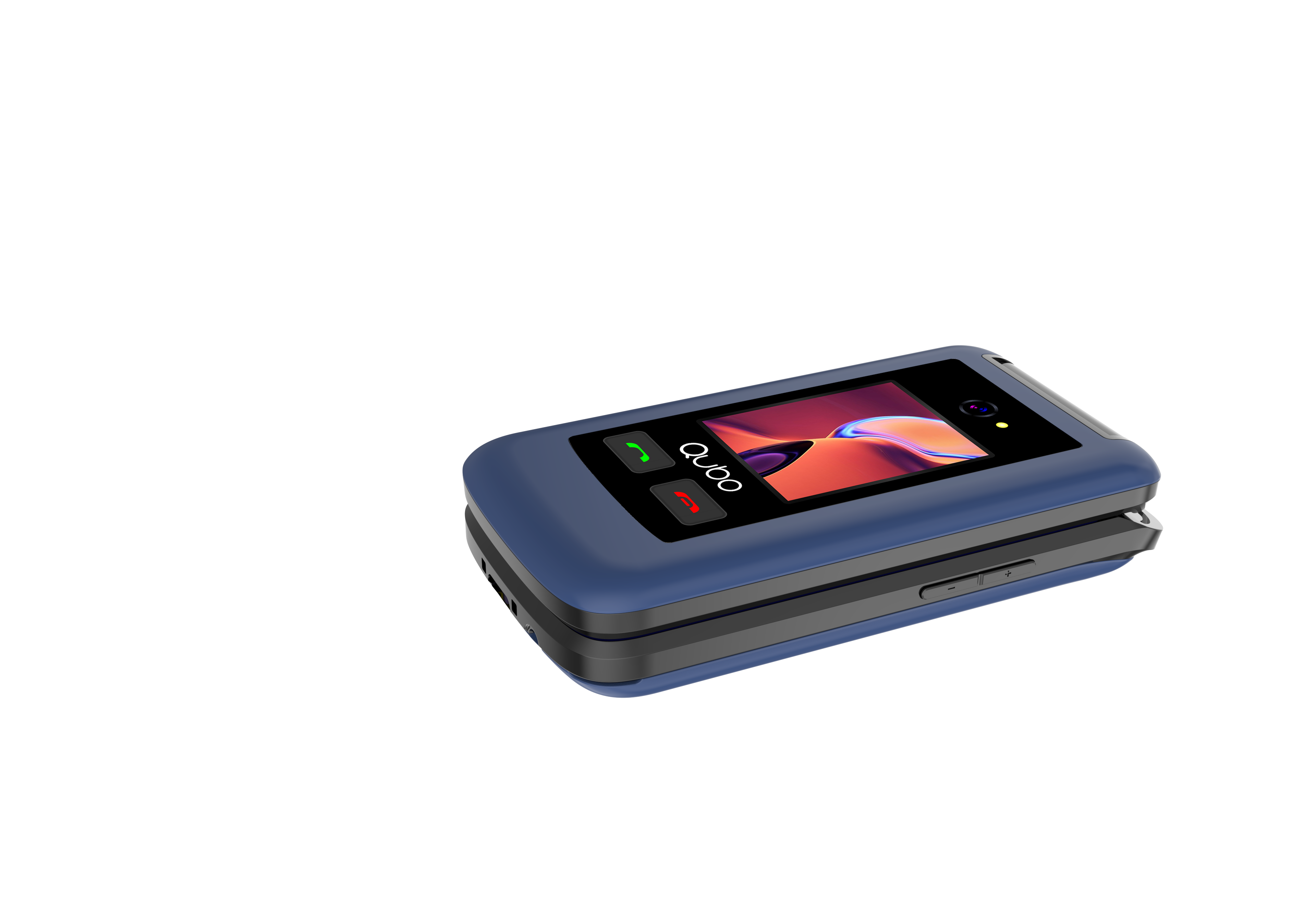 Un telefono a conchiglia blu con schermo che mostra un'immagine colorata, su sfondo nero. Il telefono è aperto.