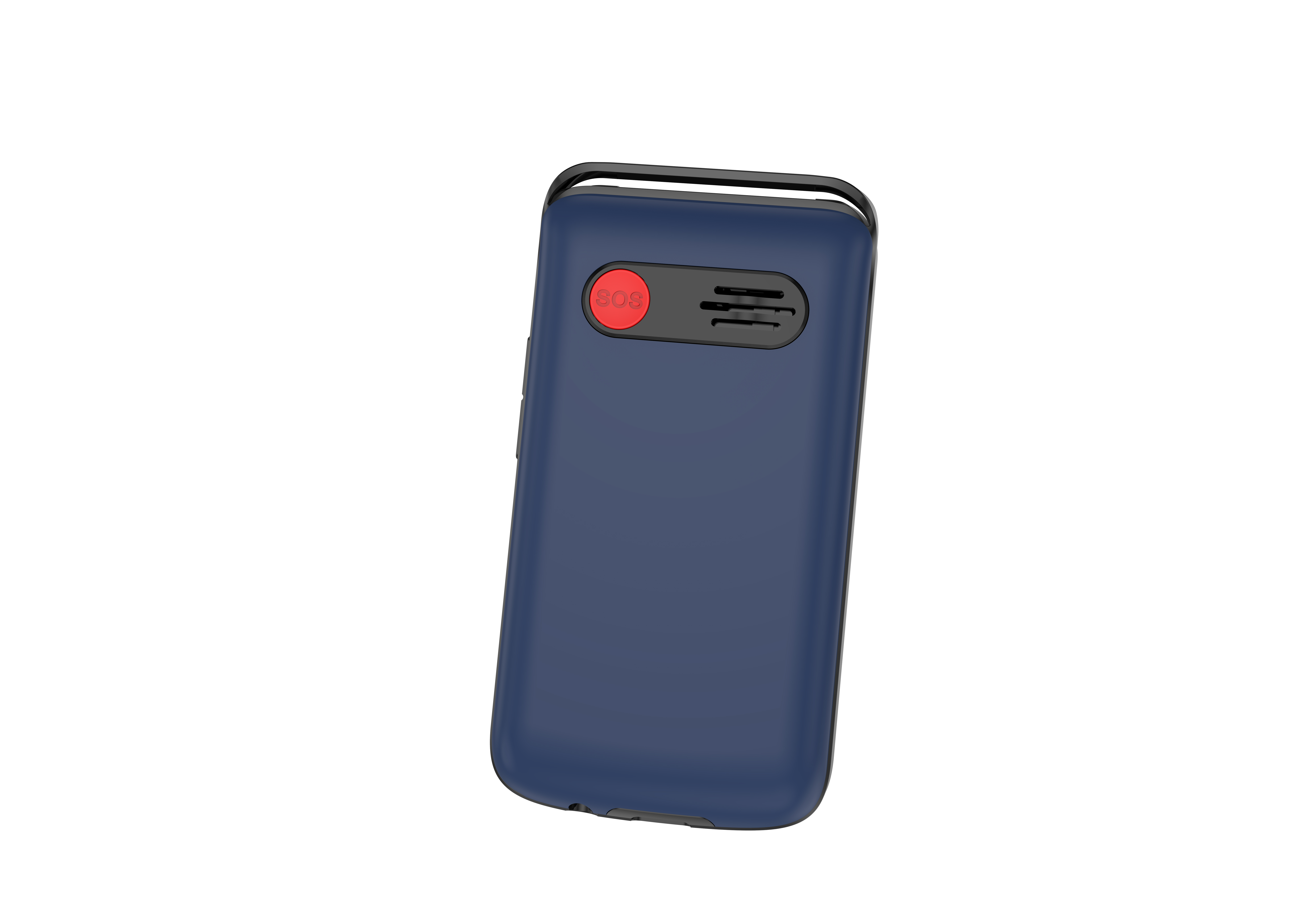 Un dispositivo blu navy con pulsante SOS rosso e dettagli neri, su sfondo bianco.