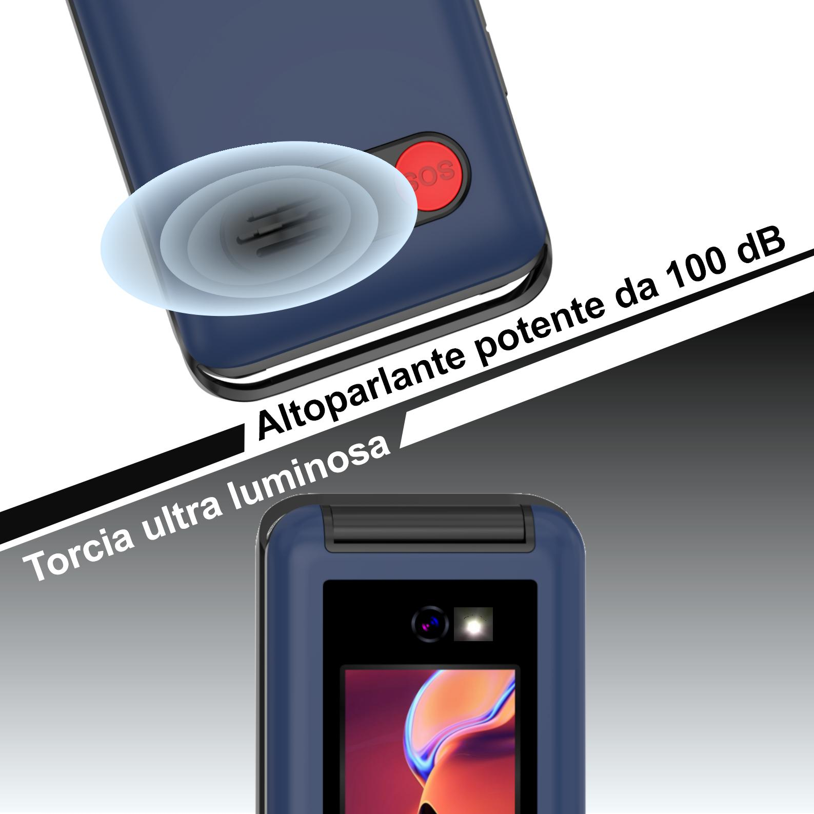Telefono blu scuro con pulsante SOS. Testo: Torcia ultra luminosa e altoparlante potente.