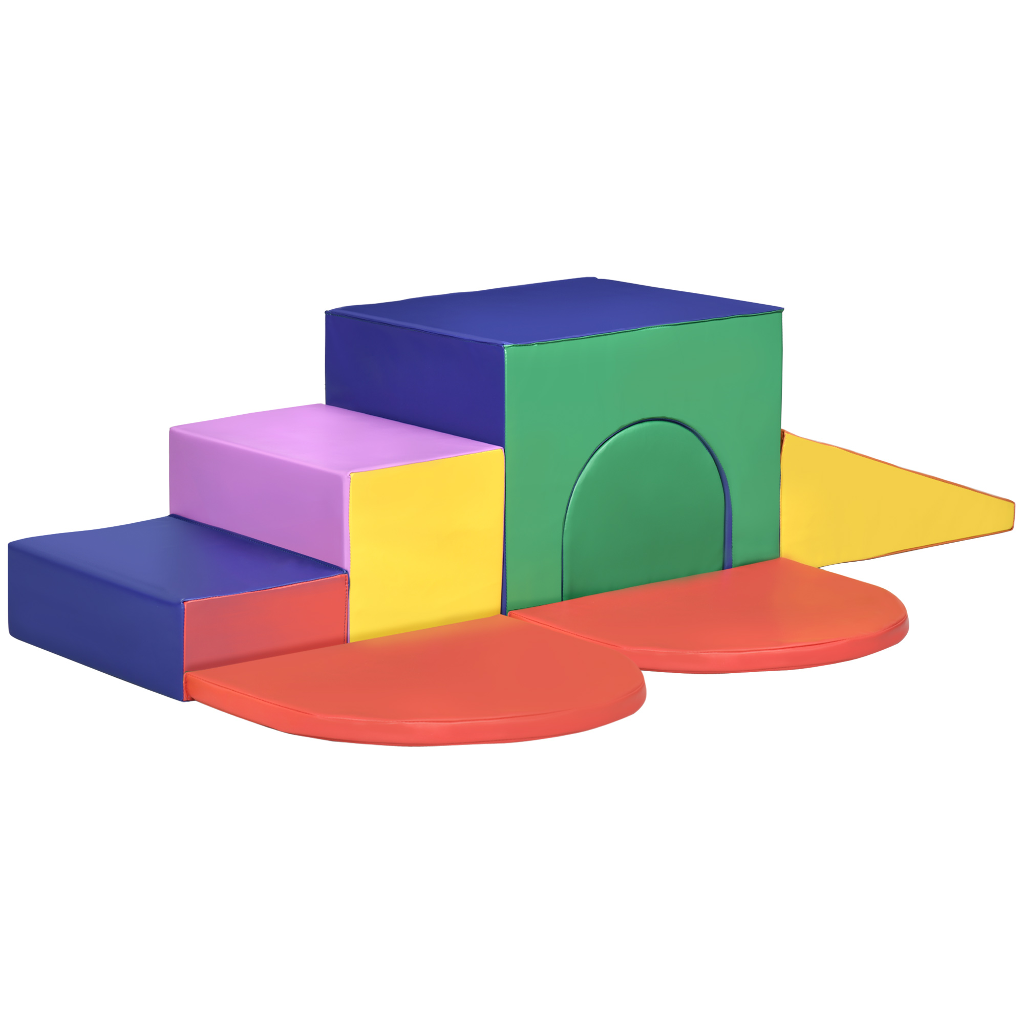 Un colorato set da gioco in schiuma. Ha componenti blu, viola, gialle, verdi e rosse disposte come gradini e un tunnel.