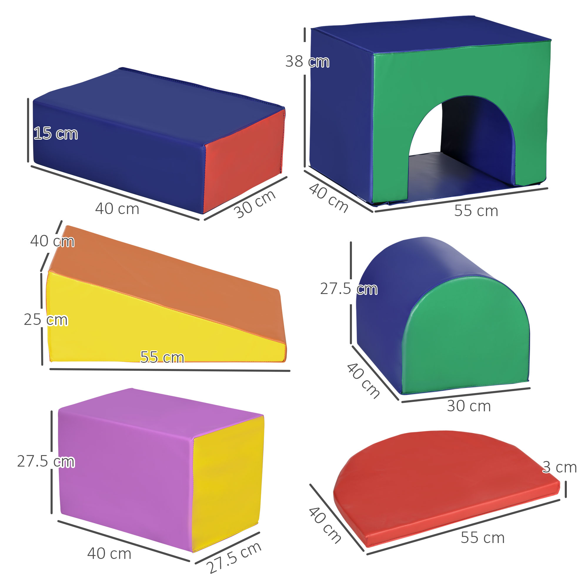 L'immagine mostra molteplici forme di gioco in schiuma colorata. Include un rettangolo, un cubo con arco e un semicerchio.