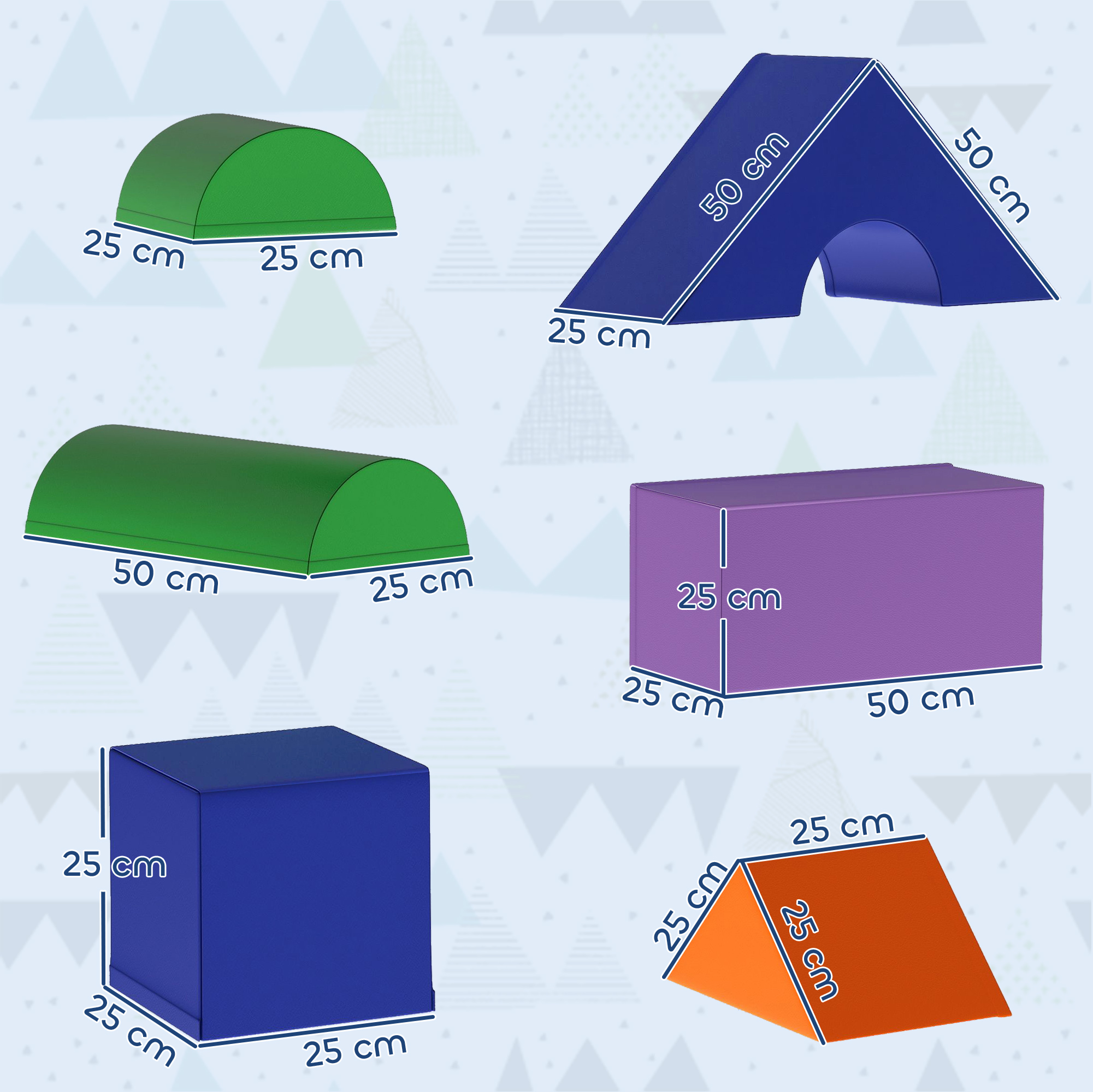 L'immagine mostra forme di gioco in schiuma colorate: un sem-cilindro verde, un triangolo blu, un blocco viola e un triangolo arancione.
