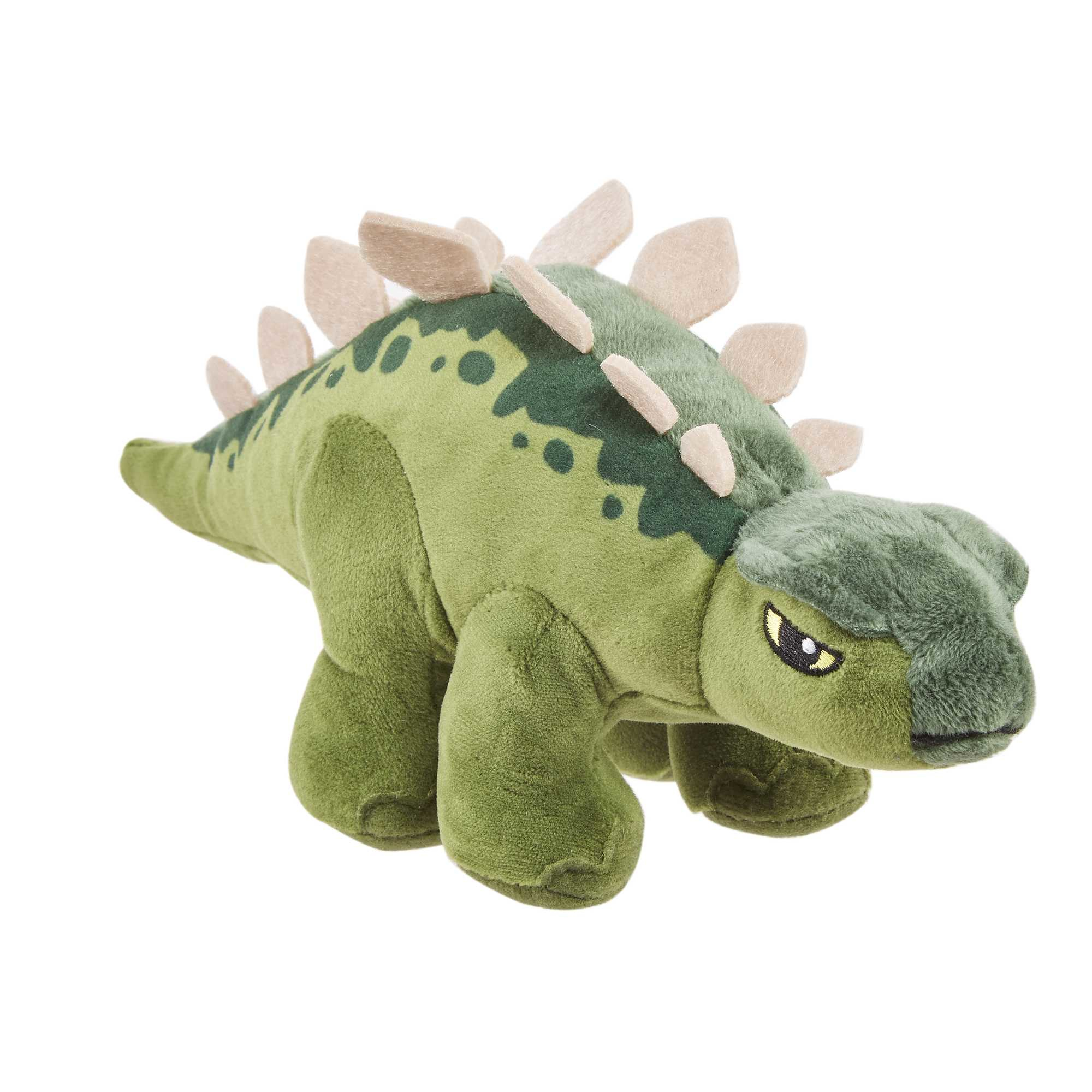 Zielona pluszowa zabawka stegozaura z beżowymi płytkami na grzbiecie i białym tłem.