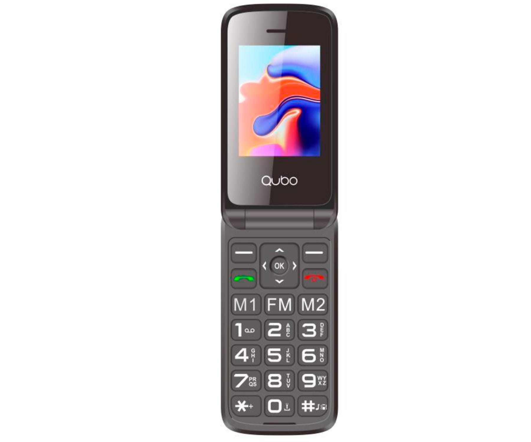 Un telefono a conchiglia chiuso con tasti grandi, uno schermo con arte astratta e il marchio 'qubo'.