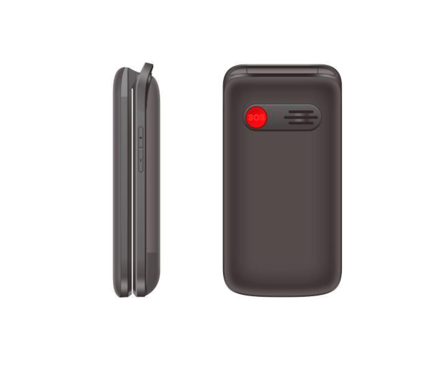 Un telefono a conchiglia grigio scuro chiuso è mostrato accanto alla sua vista laterale. Un pulsante SOS rosso è sulla parte anteriore.