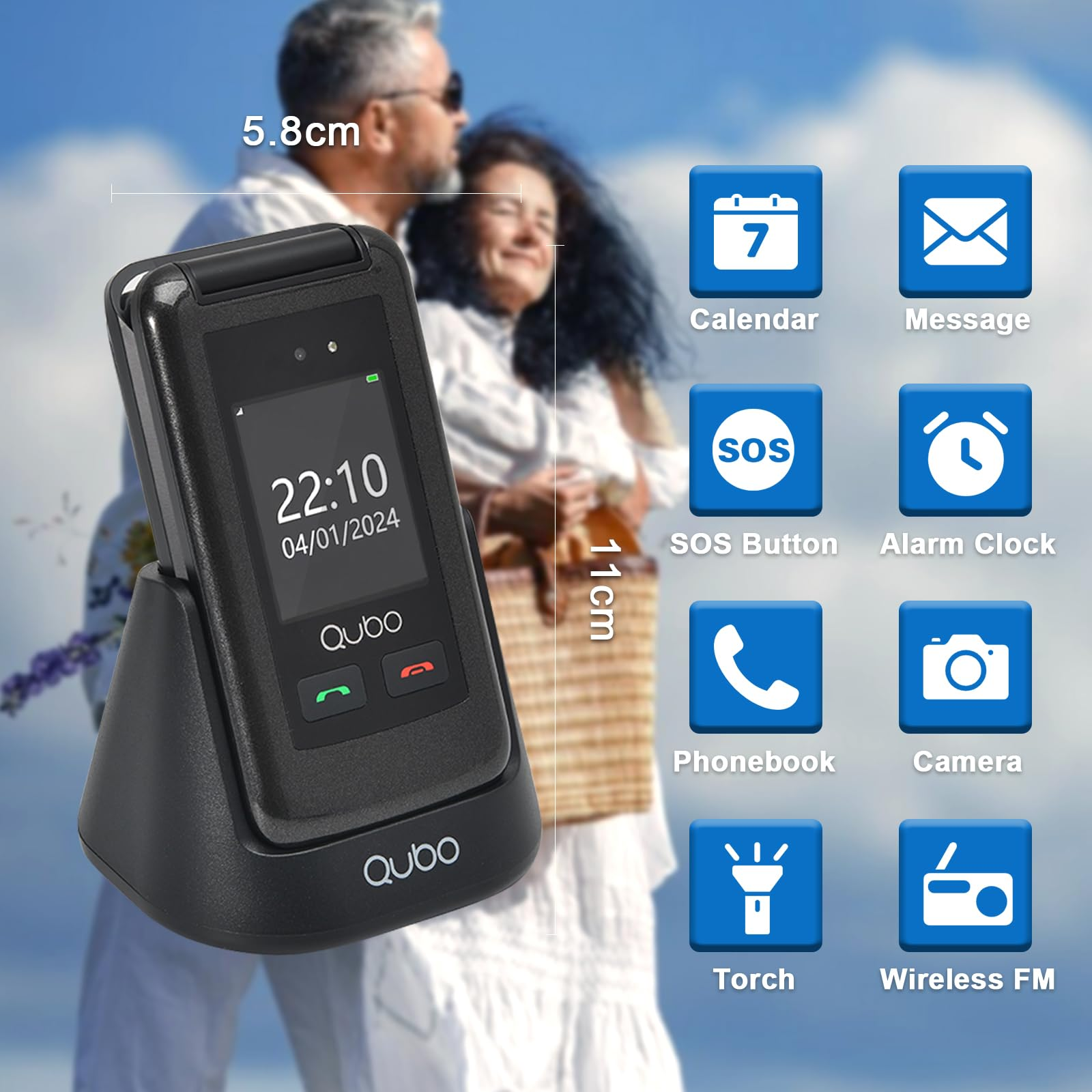 Un telefono a conchiglia nero in una base di ricarica. Icone per calendario, messaggio, SOS, sveglia, rubrica, fotocamera, torcia e radio FM.