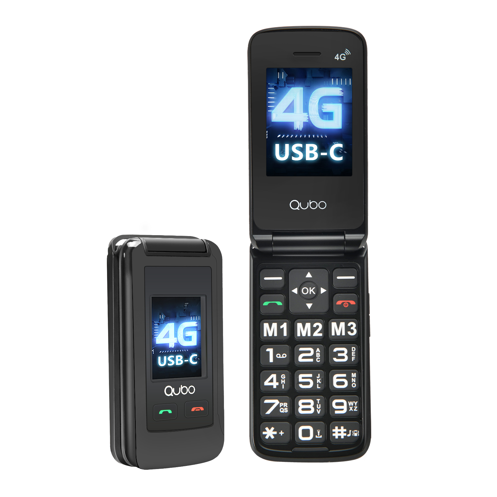 Due telefoni a conchiglia neri. Uno è chiuso, l'altro aperto, che mostra 4G e USB-C sullo schermo. Entrambi hanno un logo Qubo.