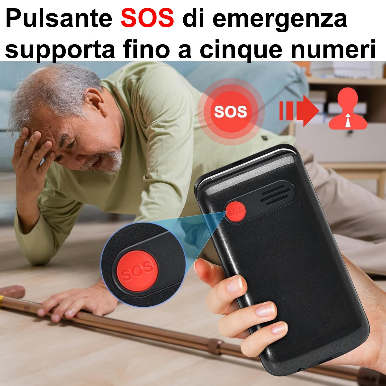 Anziano a terra con un dispositivo con pulsante SOS in mano. Il dispositivo ha un pulsante SOS rosso e una freccia rossa.