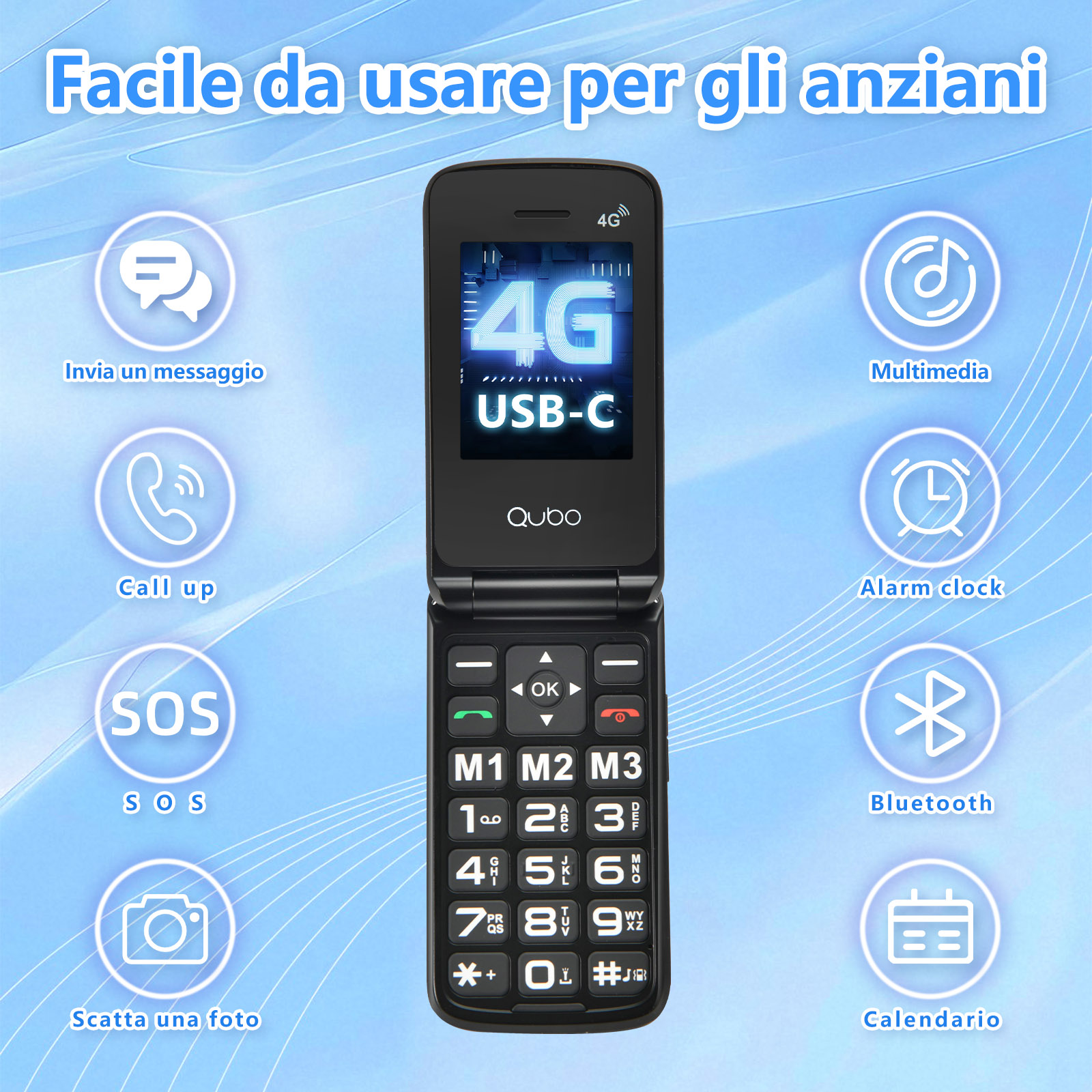 Un telefono a conchiglia nero con tasti grandi, 4G e USB-C. Icone per messaggistica, chiamata, SOS, foto, multimedia, sveglia, Bluetooth e calendario.