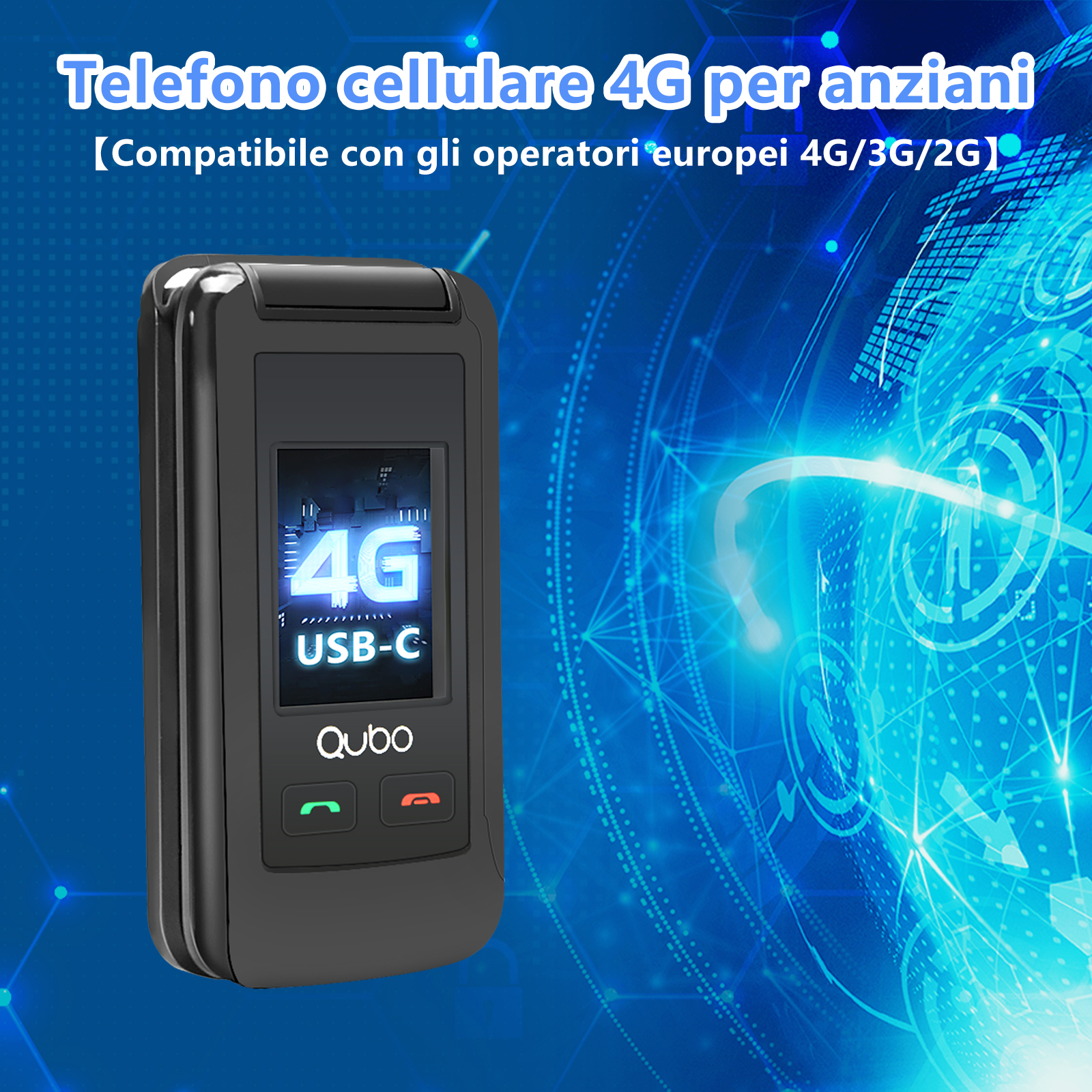 Un telefono a conchiglia nero con '4G' sullo schermo. Il telefono è etichettato 'Qubo' e ha un pulsante verde e rosso.