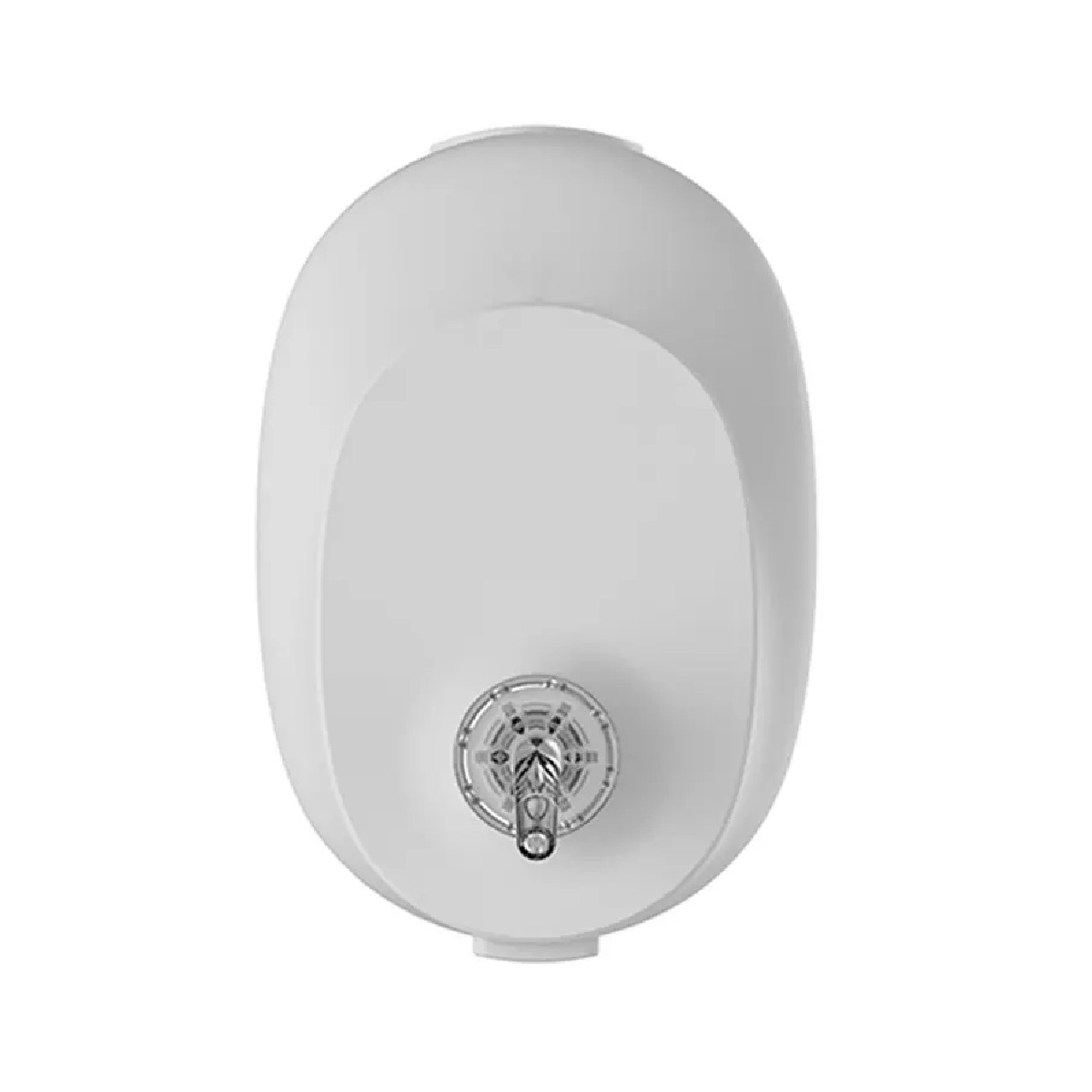 Biały, owalny podgrzewacz wody. Ma metalowy kran na dole, wyśrodkowany. Tło jest białe.