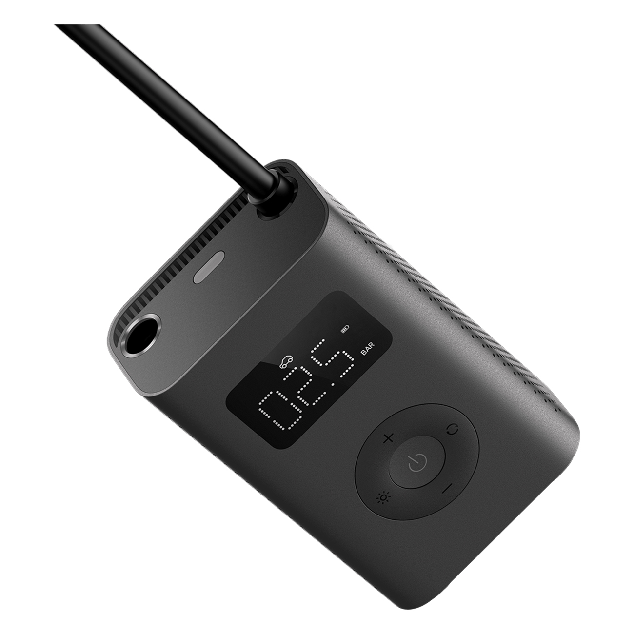 Ein schwarzer Autoreifenfüller mit Digitalanzeige, die 02,5 BAR anzeigt. Er hat Knöpfe und einen Schlauch.