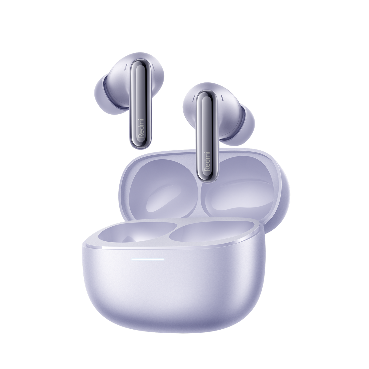 Fioletowe słuchawki Redmi i etui ładujące na czarnym tle. Dwie słuchawki są poza etui.