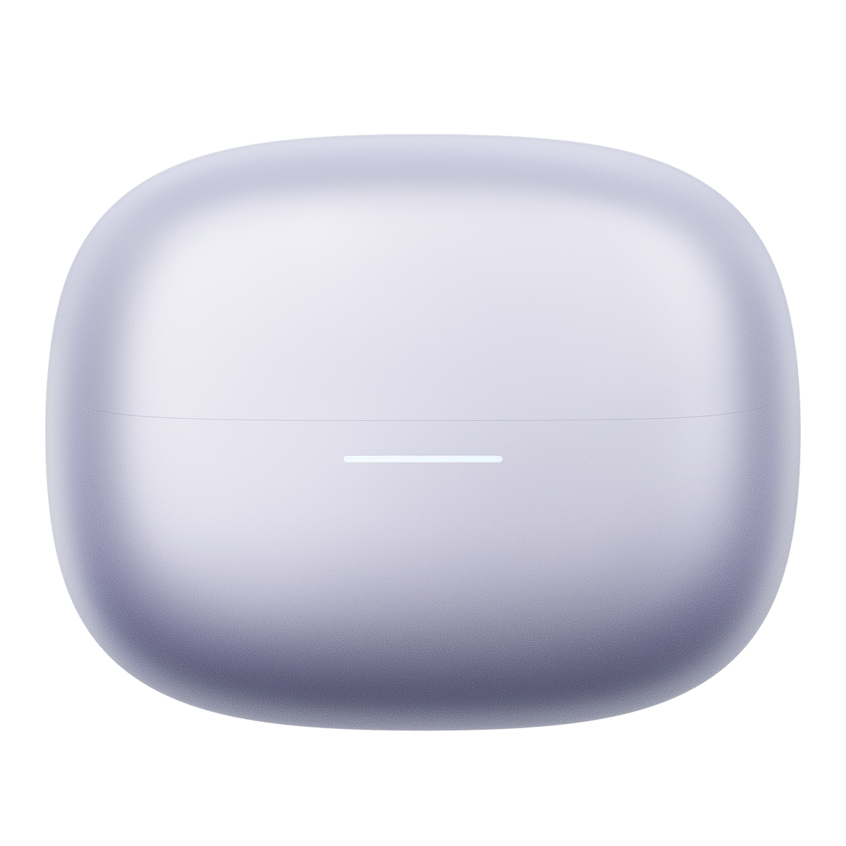 Zbliżenie białego, zaokrąglonego etui ładującego słuchawki, z poziomym światłem. Tło jest jednolicie czarne.