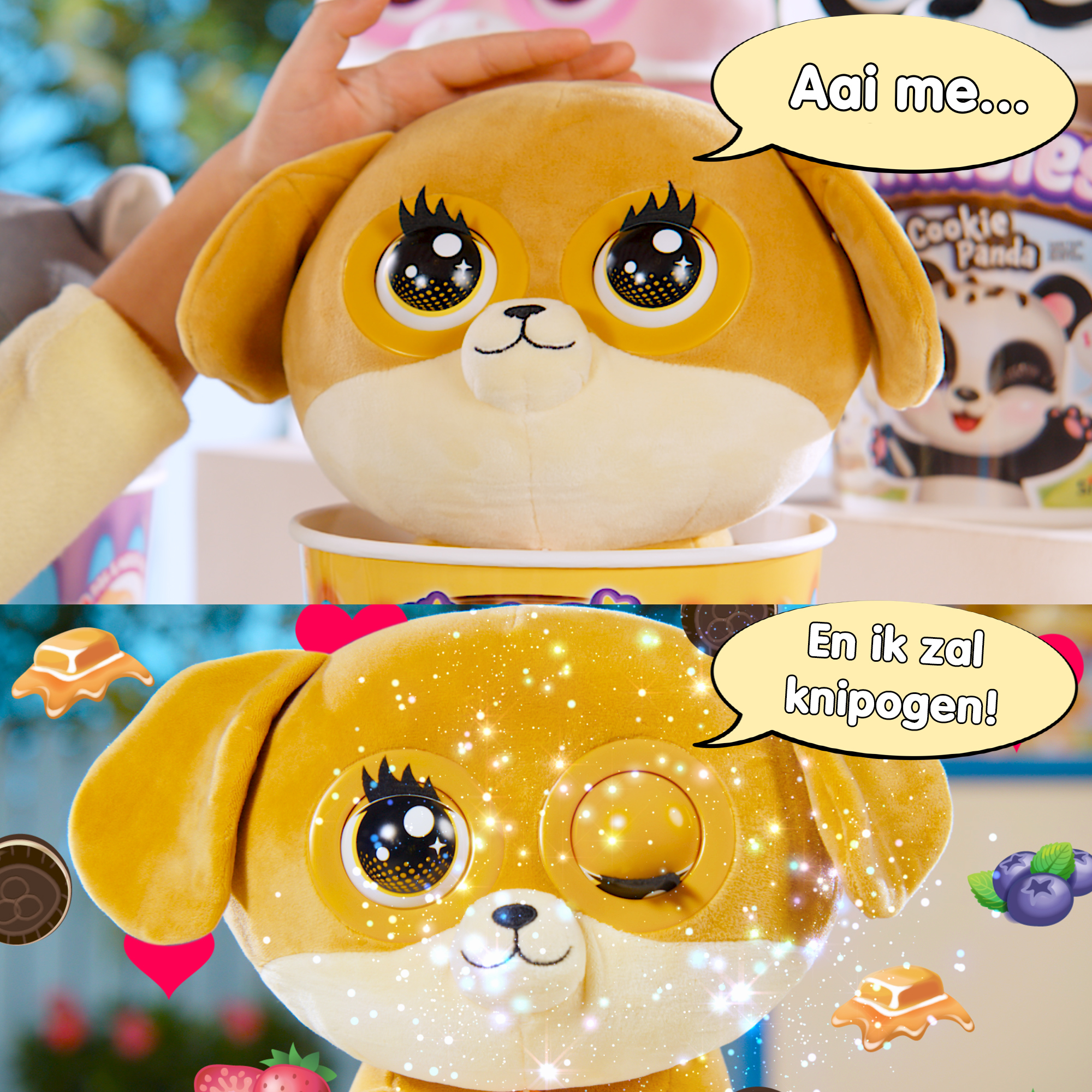 Un cane di peluche con grandi occhi, che dice 'Aai me...' e 'En ik zal knipogen!'. Altri elementi includono caramelle e frutta.