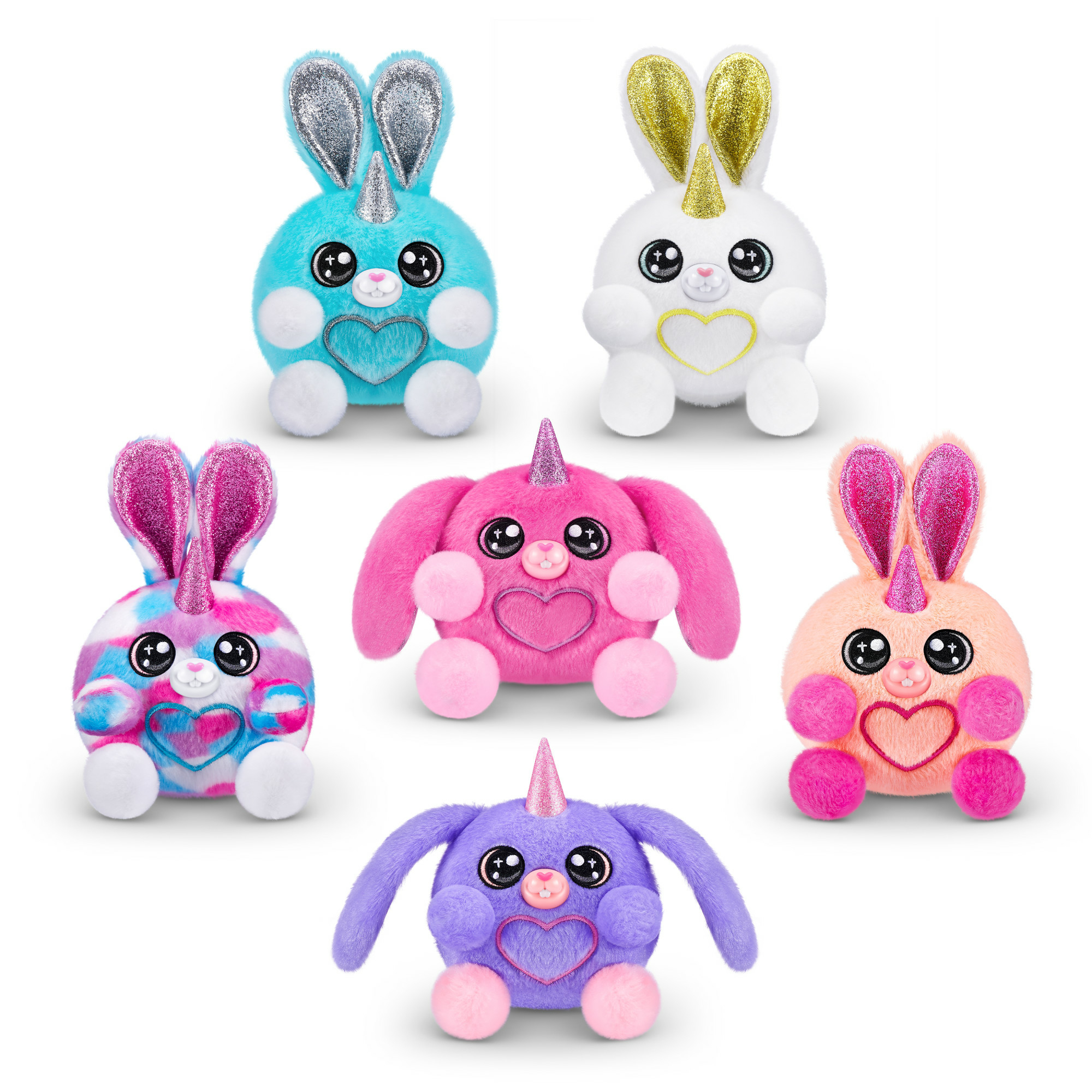 Sei coniglietti unicorno di peluche. Ognuno ha un cuore, orecchie glitterate e un corno. Colori: blu, bianco, rosa, arancione, viola e un mix.