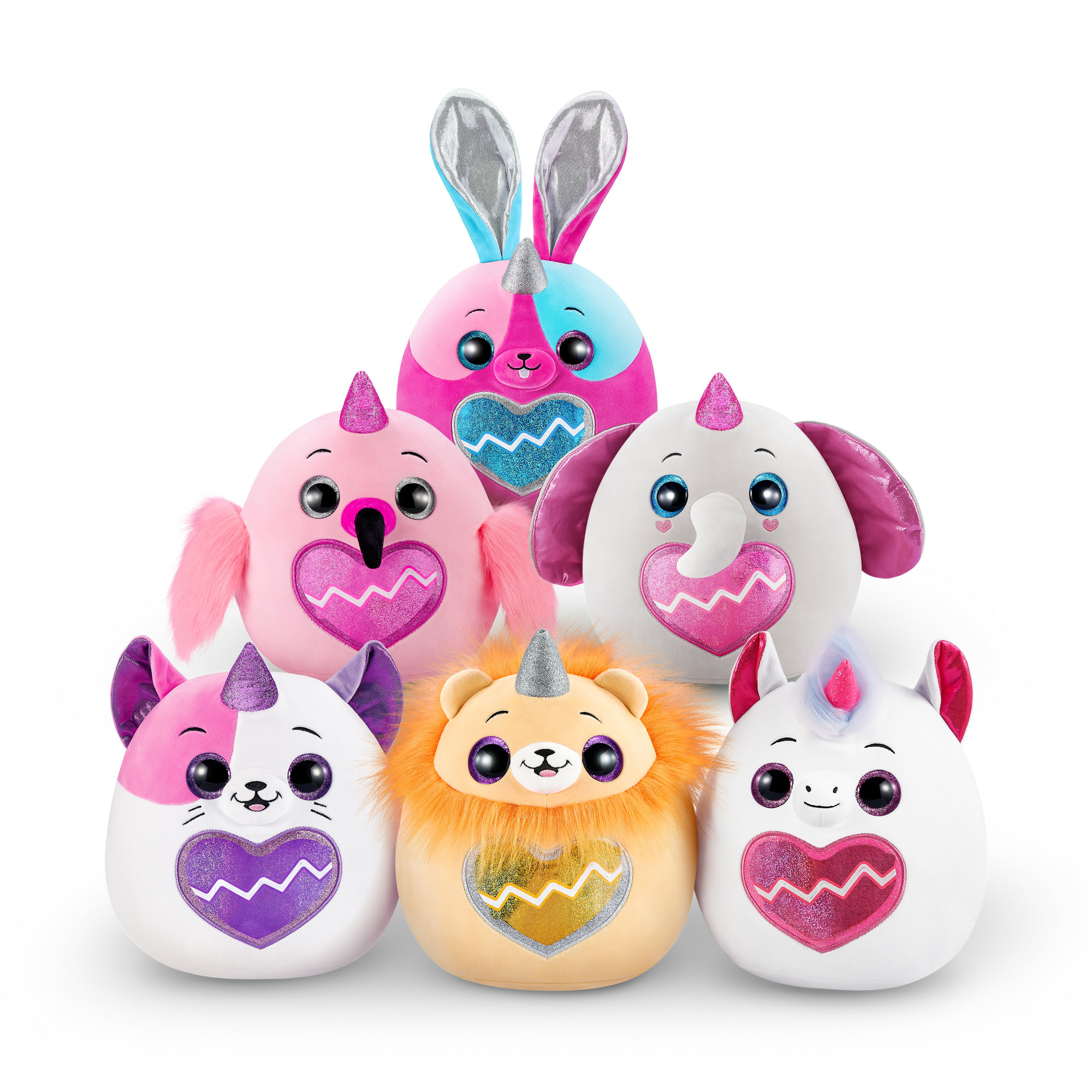 Sei creature di peluche sono disposte. Sono di vari colori e forme e hanno pance a forma di cuore e accenti glitterati.