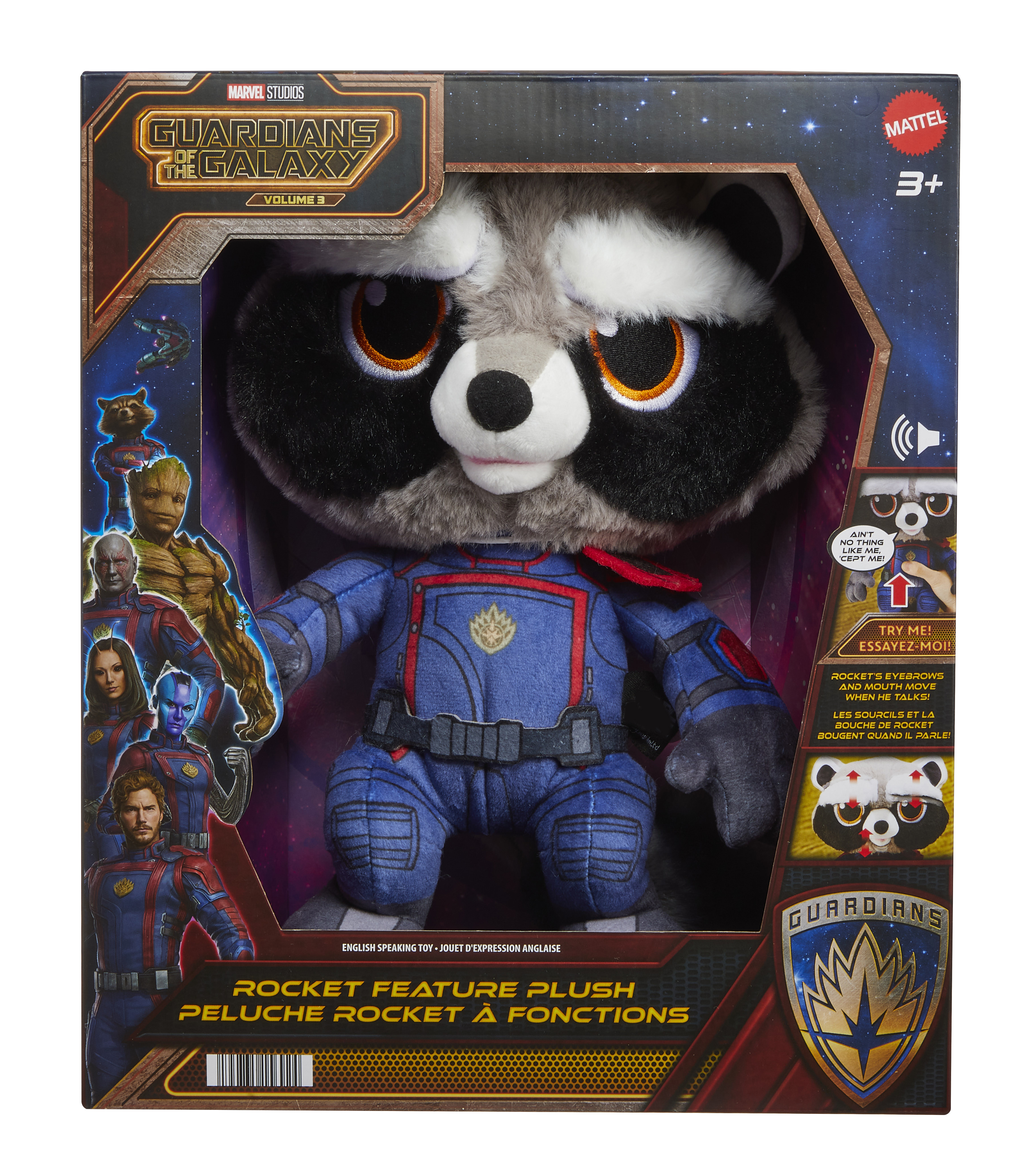 Un peluche di Rocket dei Guardiani della Galassia in una scatola, con altri personaggi del film.
