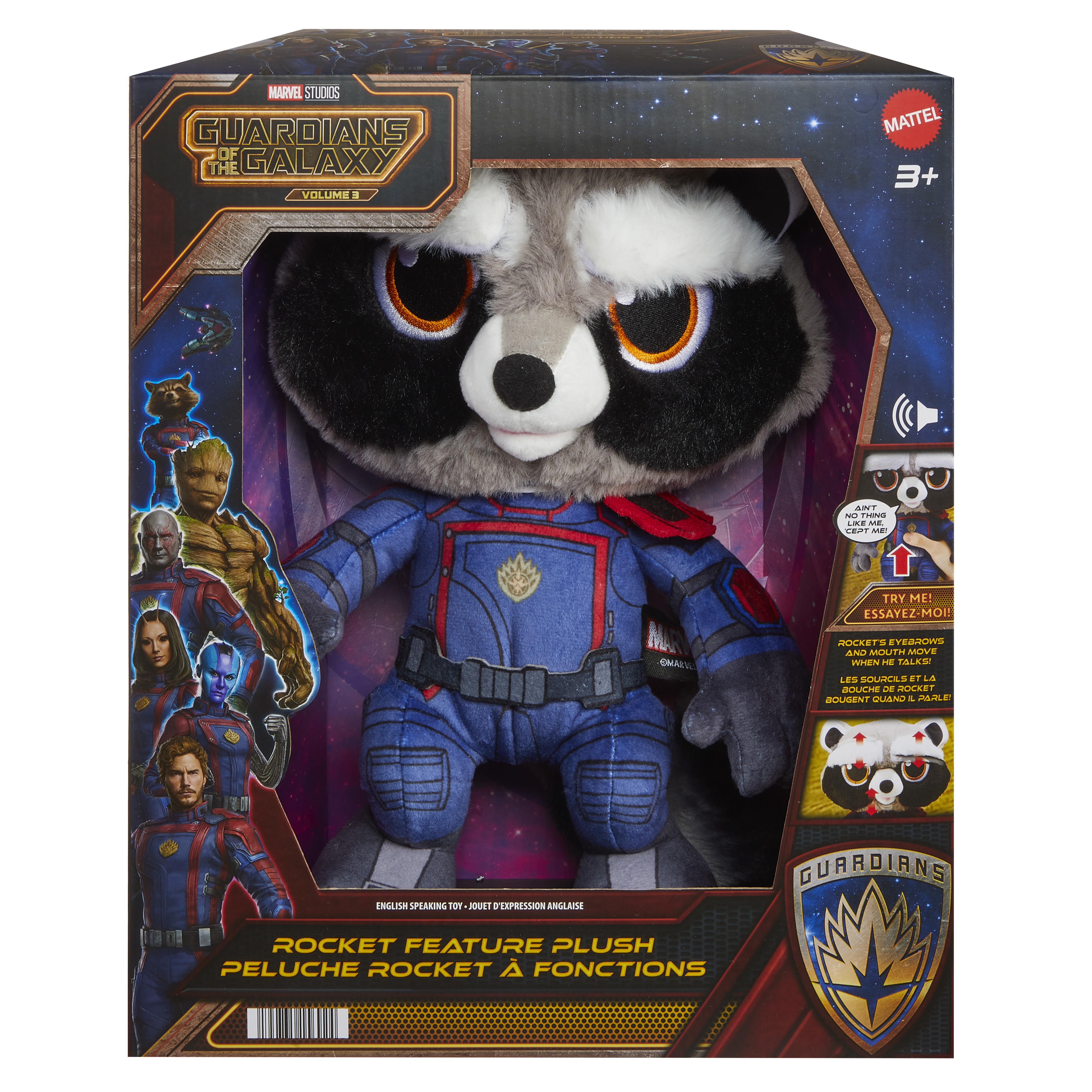 Un peluche di Rocket Raccoon in una scatola. La scatola ha il logo dei Guardiani della Galassia.