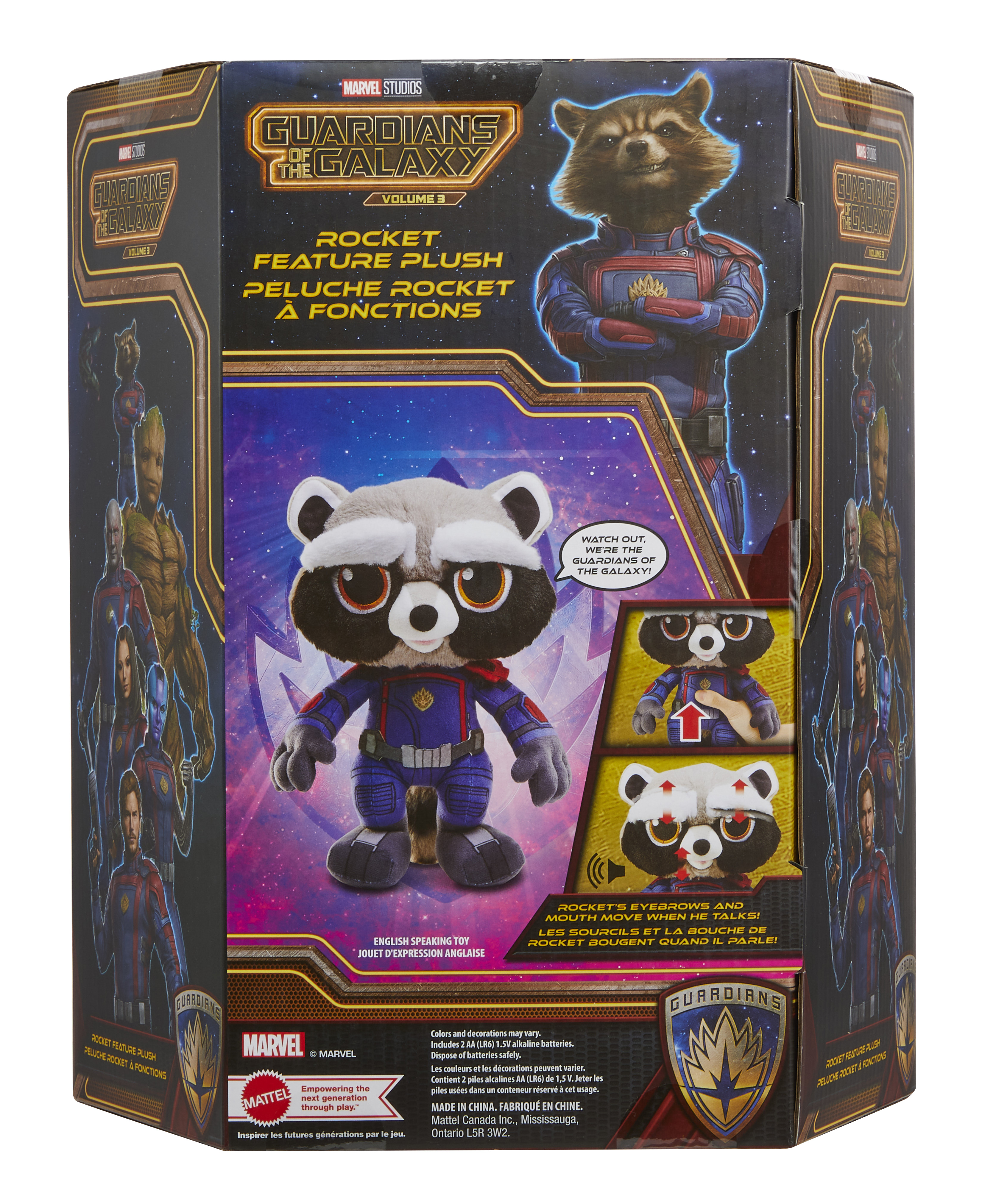 Confezione di un peluche di Rocket Raccoon. Raffigura Rocket e il marchio dei Guardiani della Galassia.