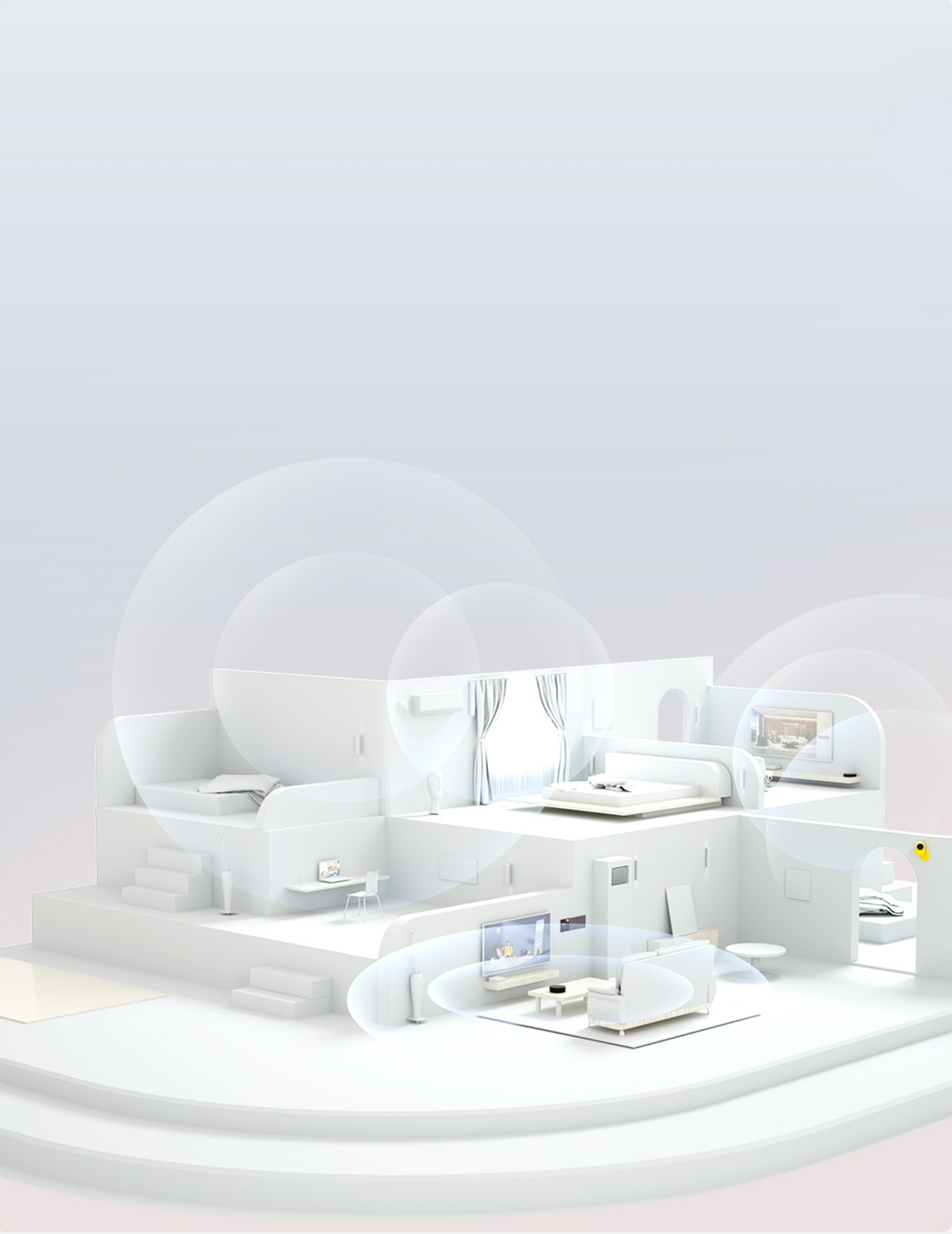Un modello di casa bianca a più livelli con stanze come una camera da letto e un soggiorno, ognuna con mobili e decorazioni.