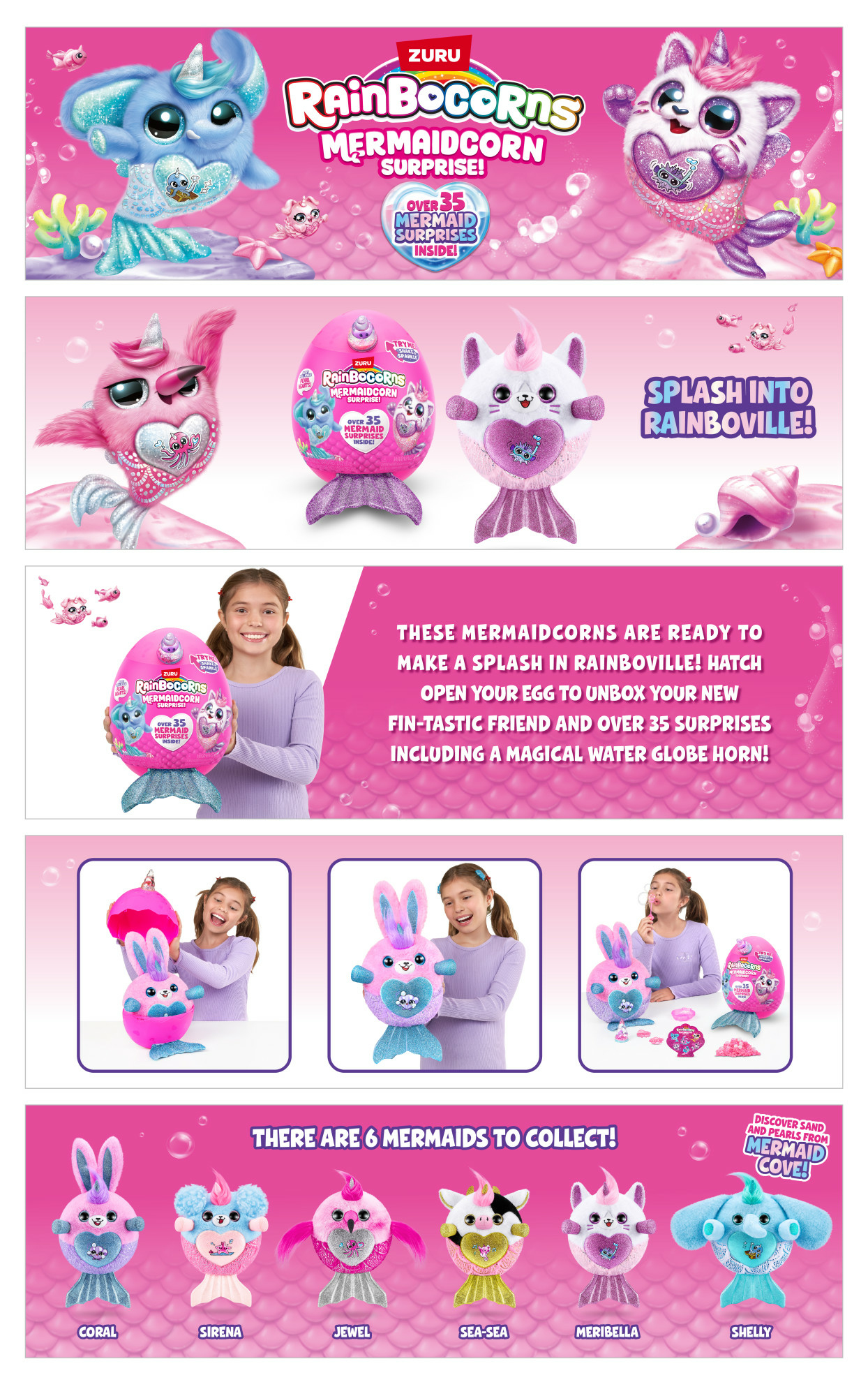 Das Bild ist eine Werbung für Rainbocorns Mermaidcorn-Spielzeuge. Es zeigt verschiedene Produktaufnahmen und Kinder mit den Spielzeugen.