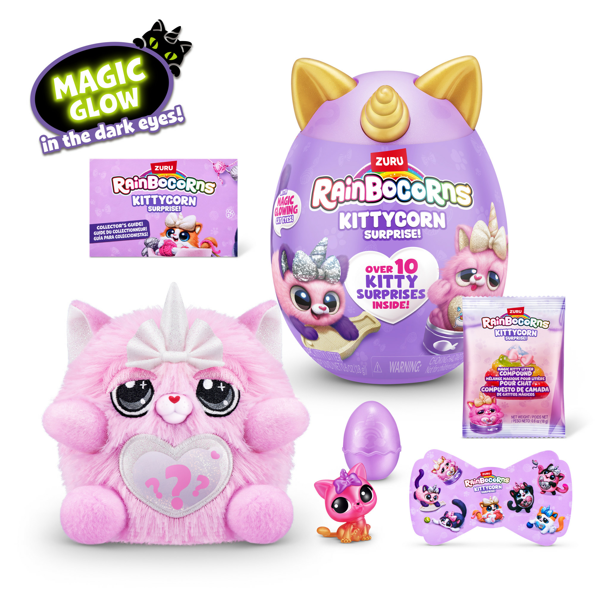 Werbebild für Rainbocorns Kittycorn Spielzeug. Es zeigt verschiedene Spielzeuge, darunter ein Plüschtier, ein Ei und Zubehör.