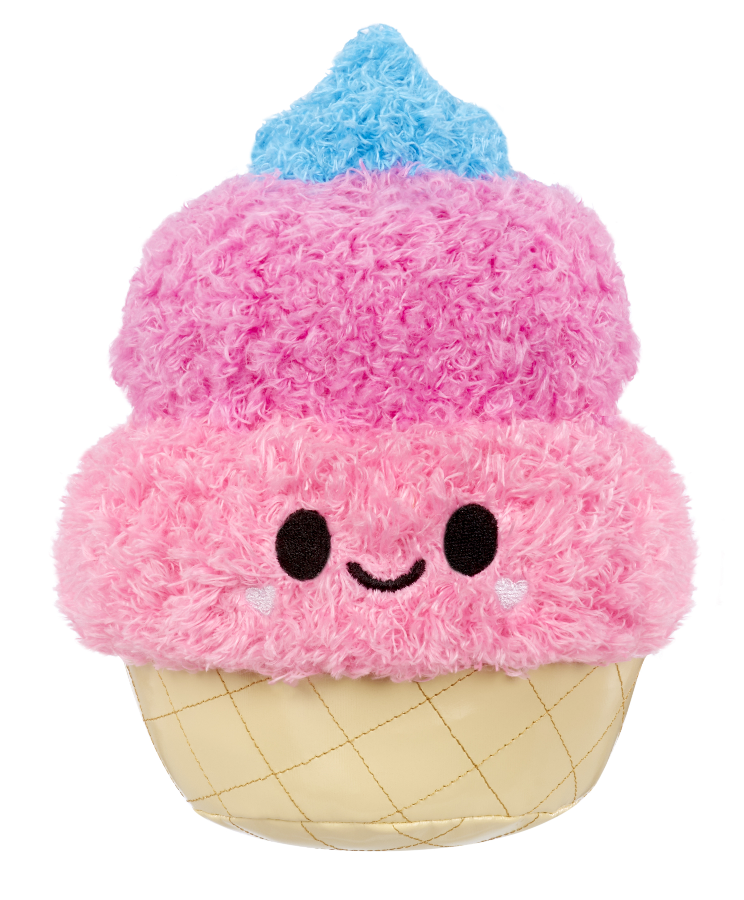 Pluszowa babeczka z różowym lukrem, niebieską wisienką, czarnymi oczami, uśmiechem i beżową podstawą w kształcie wafla.