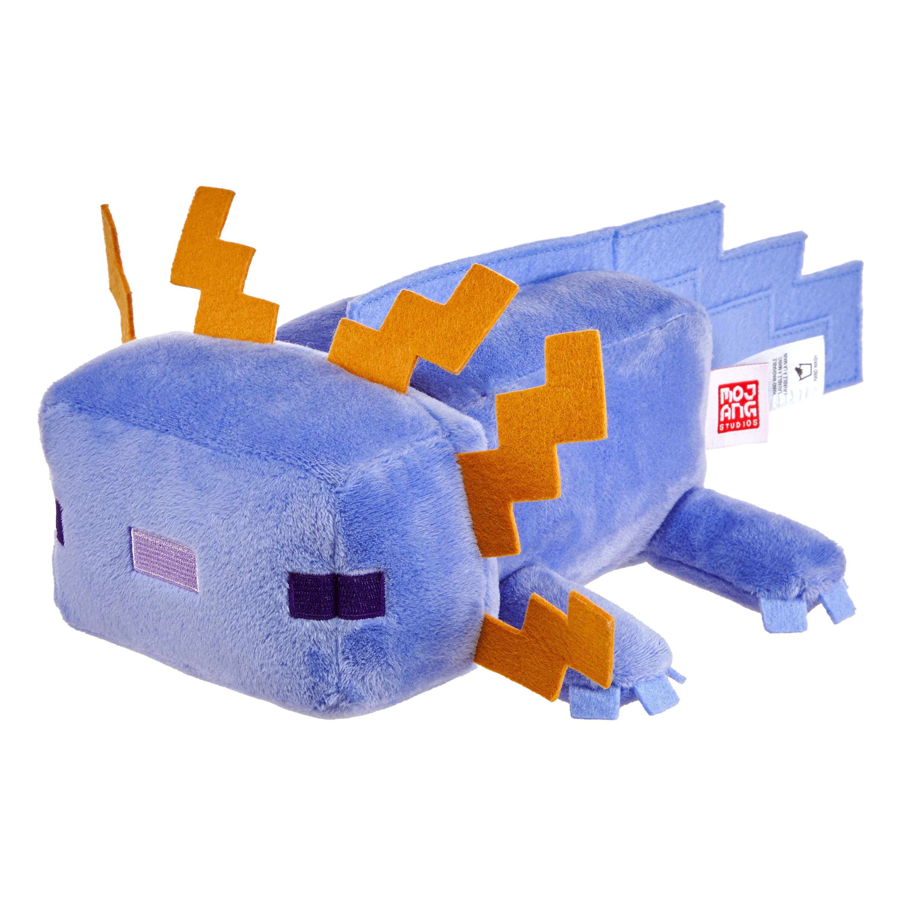 Ein blaues Axolotl-Plüschtier mit orangenen Kiemen und Flossen, liegend auf weißem Hintergrund. Es hat ein Mojang Studios-Etikett.