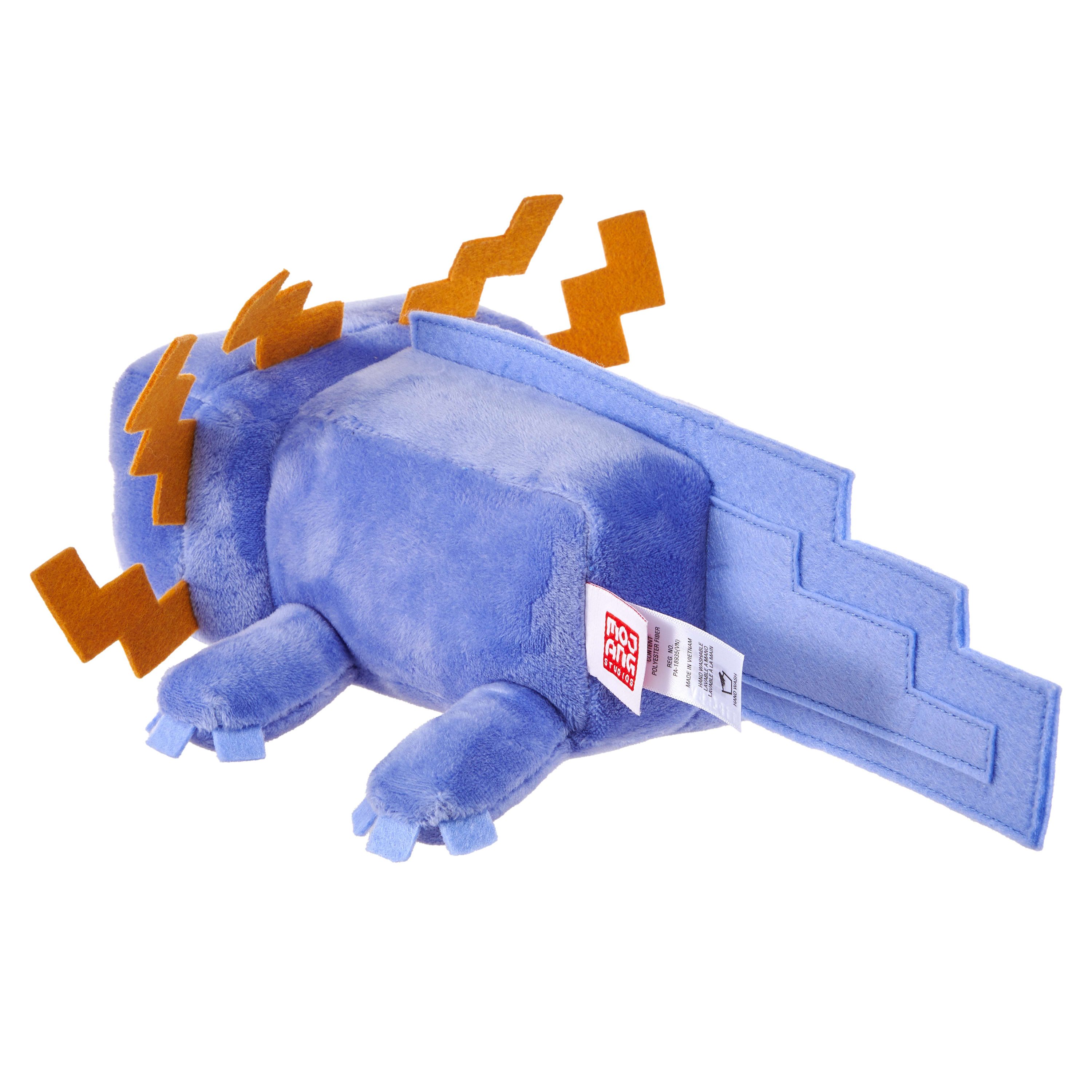 Ein blaues Plüschtier in Form eines Wesens mit orangefarbenen blitzartigen Merkmalen auf weißem Hintergrund.
