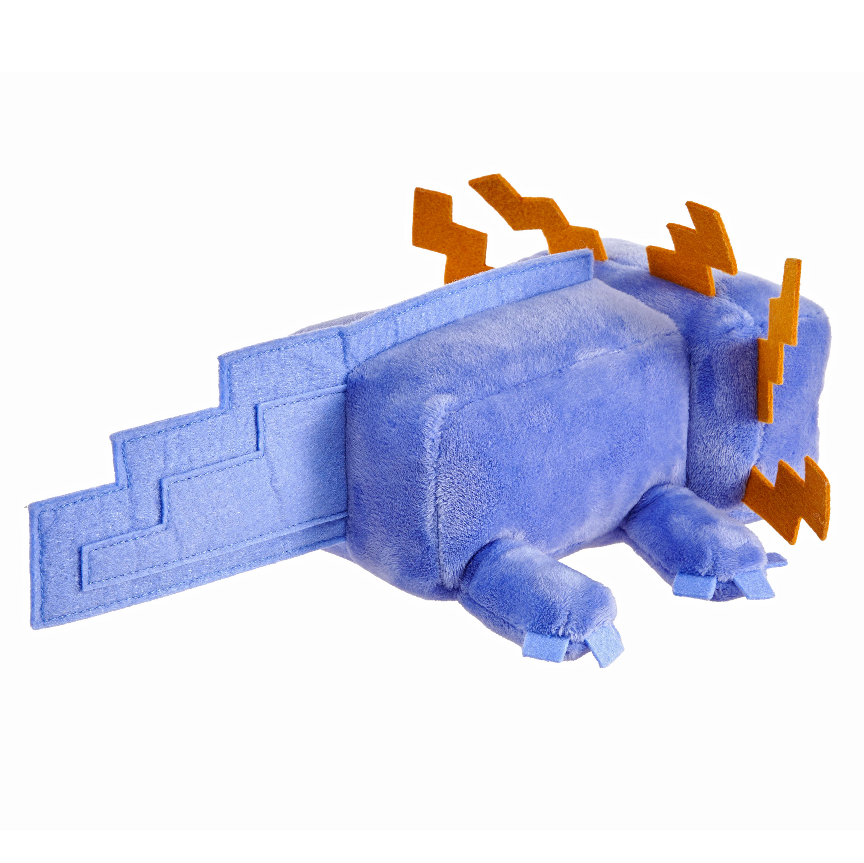 Ein blaues Plüschtier-Axolotl mit orangefarbenen Kiemen und Schwanzflosse, isoliert auf weißem Grund.