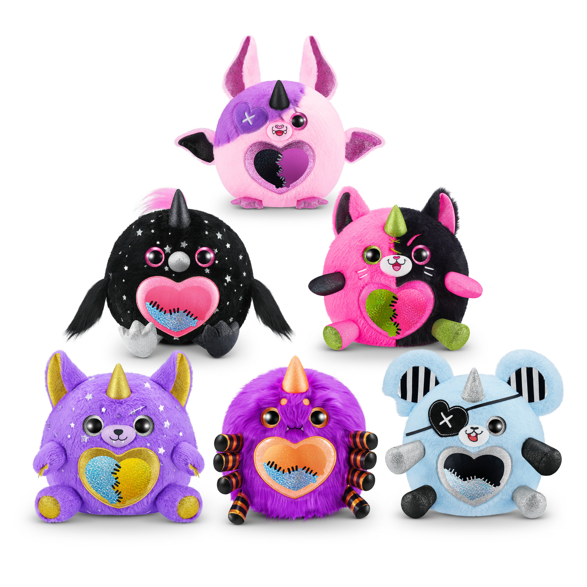 Sei peluche, ognuno con un cuore e un corno. I colori includono rosa, nero, viola e blu. Vari disegni con stelle e cuori rattoppati.