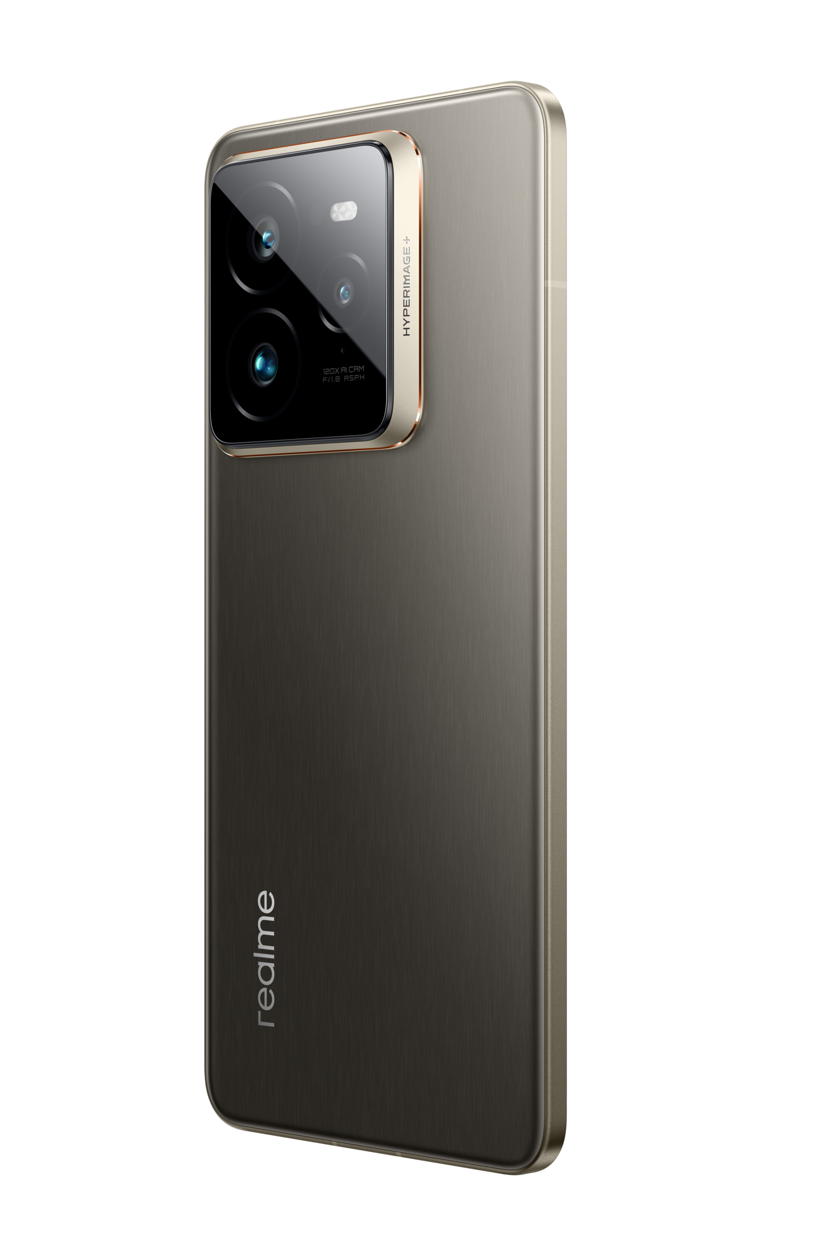 Smartfon z modułem aparatu. Ma ciemnoszary tył i złotą ramkę. Widoczne jest logo Realme.