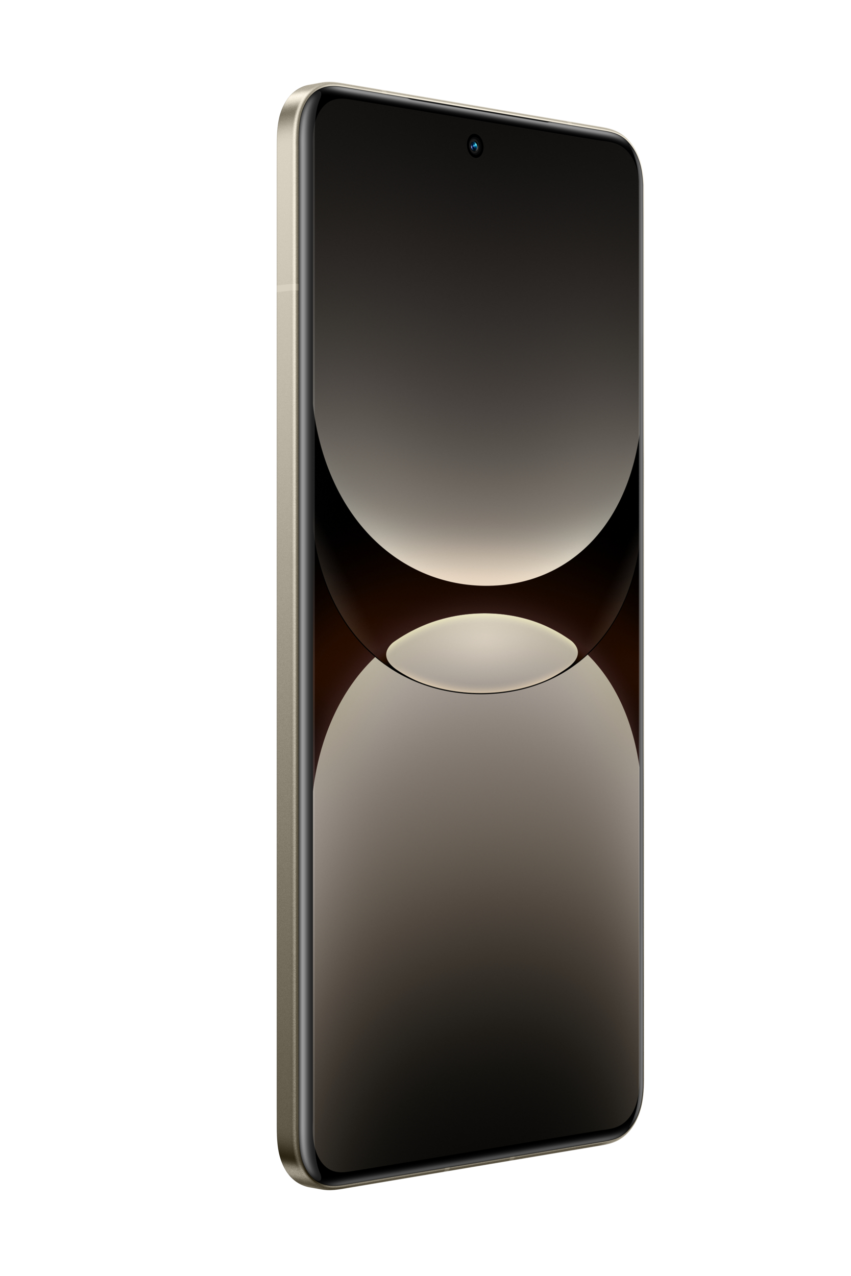 Smartfon z czarnym ekranem i złotą ramką na białym tle.