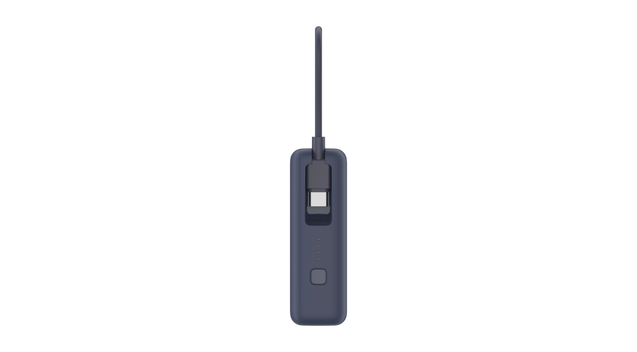 Ciemnoniebieski prostokątny power bank z podłączonym kablem i anteną. Posiada port USB-C i przycisk zasilania.