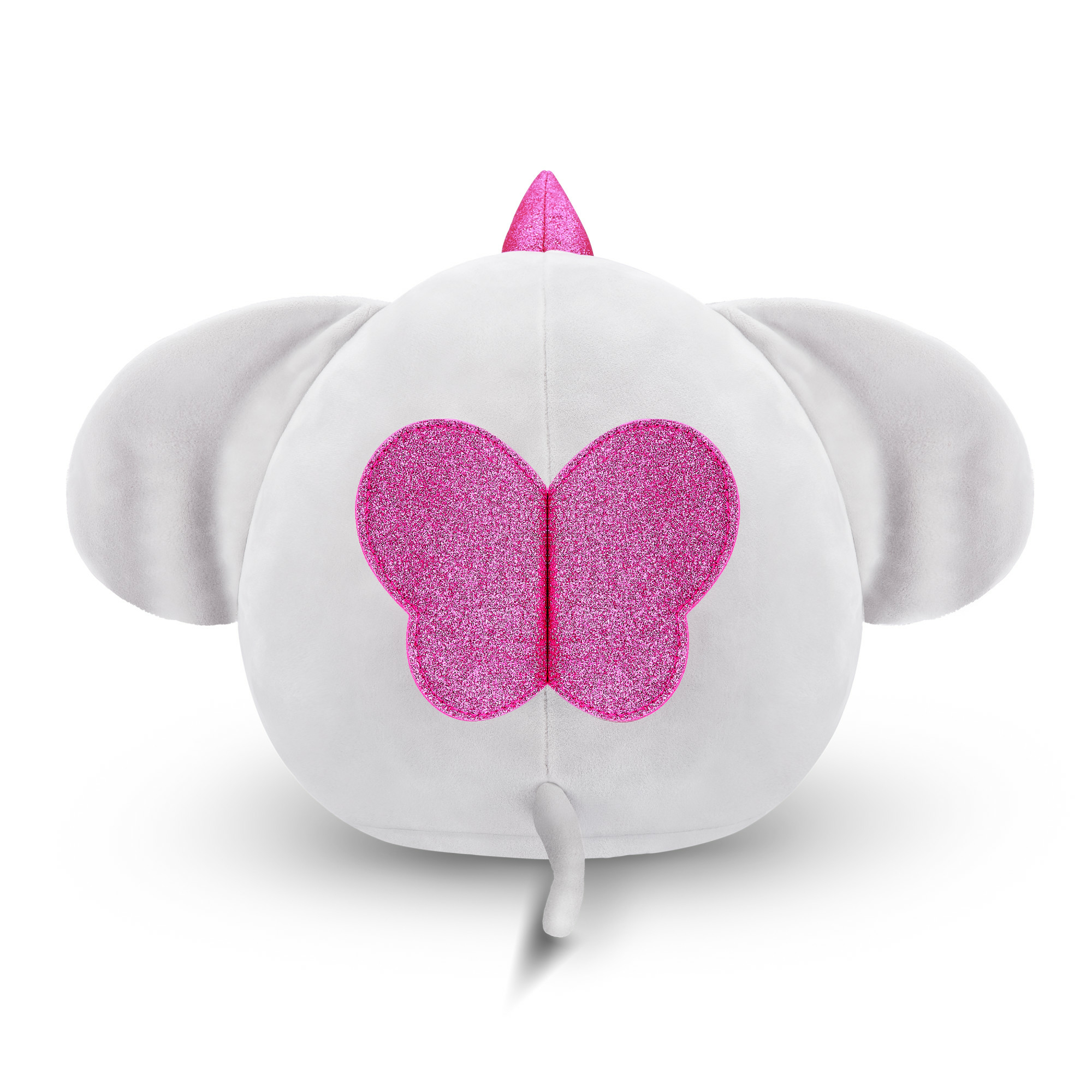 Un peluche bianco con orecchie grigie e una farfalla rosa glitterata sulla schiena. Un corno rosa glitterato sulla sommità.