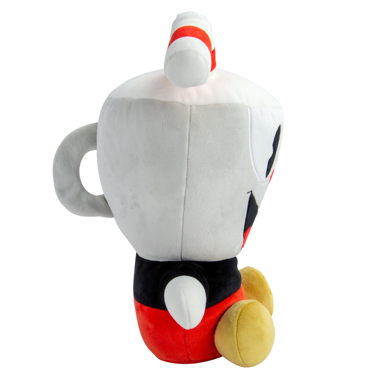 Un peluche di Cuphead. Ha un corpo a tazza grigio, pantaloncini neri, gambe rosse e piedi gialli. Ha anche una cannuccia.