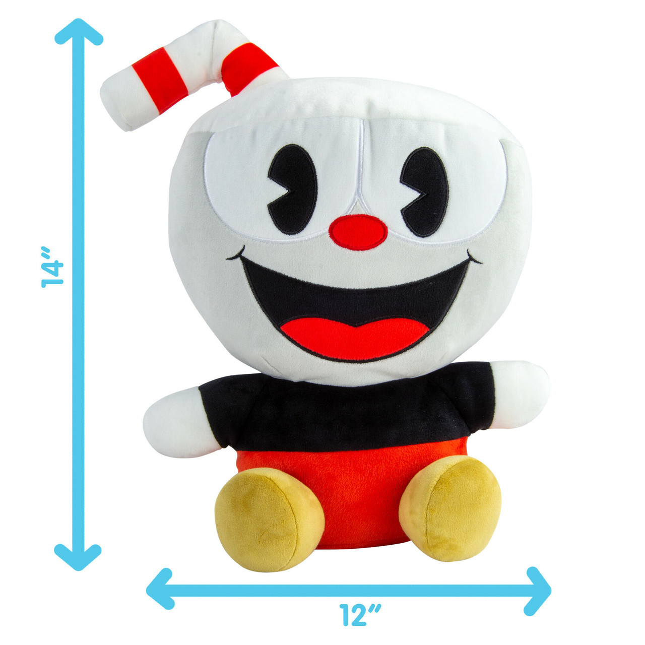 Un peluche di Cuphead. Ha una testa bianca, un naso rosso e un grande sorriso. Indossa una maglietta nera, pantaloncini rossi e scarpe gialle.