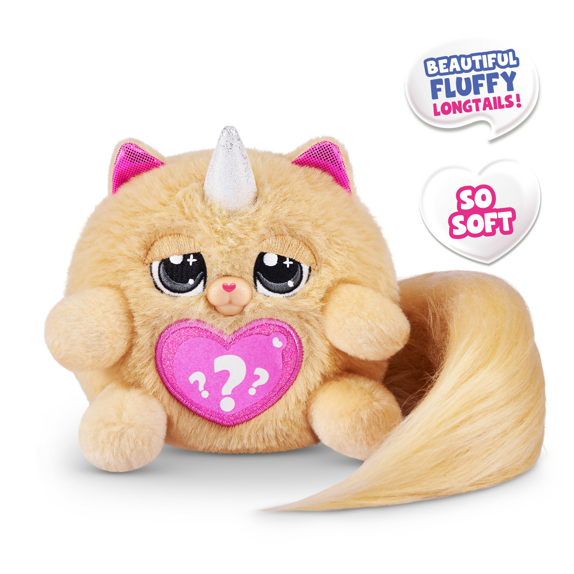 Ein Plüschtier in Form einer Katze-Einhorn mit Herz und Fragezeichen. Es hat einen flauschigen Schwanz und ist hellbraun.