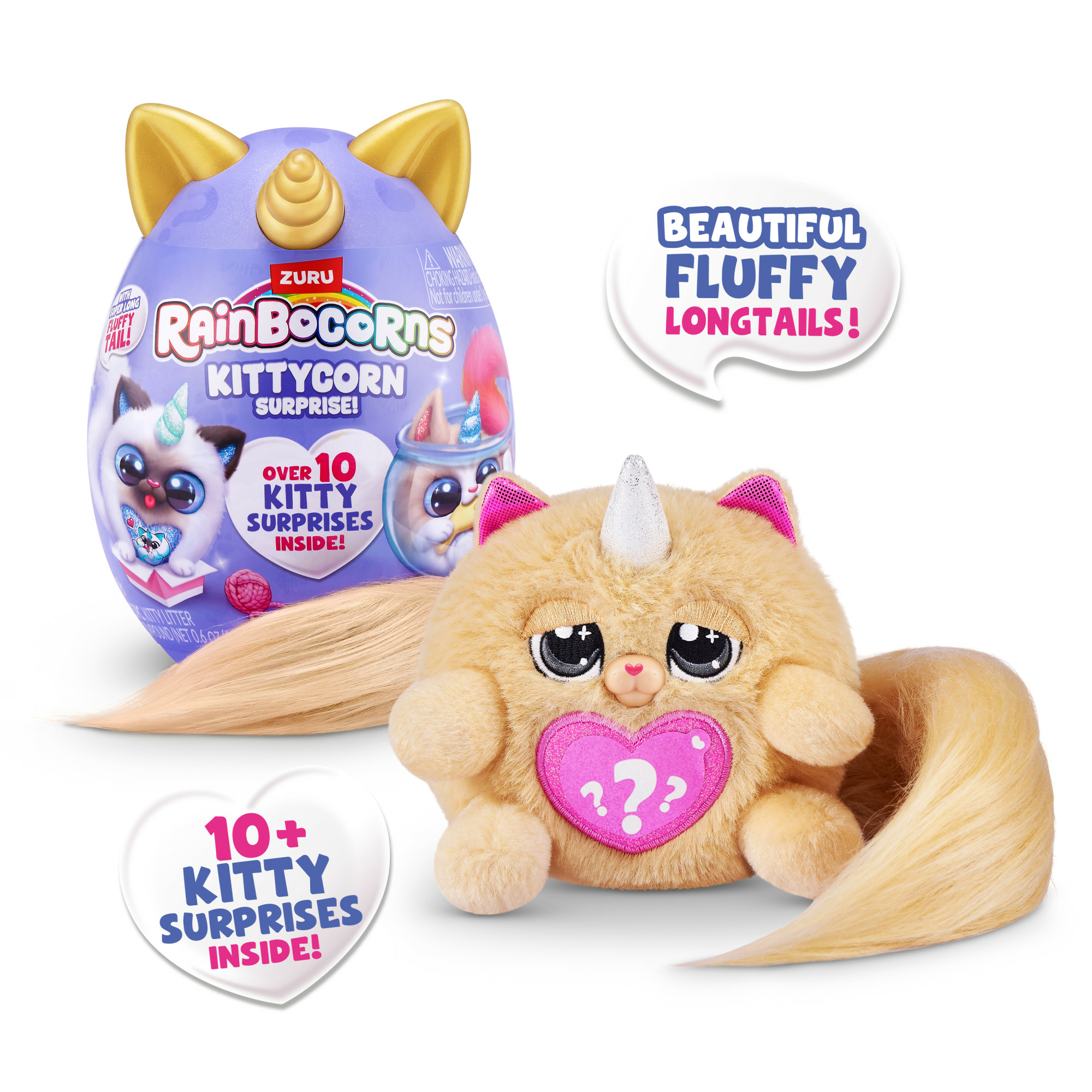 Ein flauschiges, hellbraunes Kittycorn-Spielzeug mit langem Schwanz und herzförmiger Brust. Ein lila Ei mit der Aufschrift "Kittycorn Surprise".