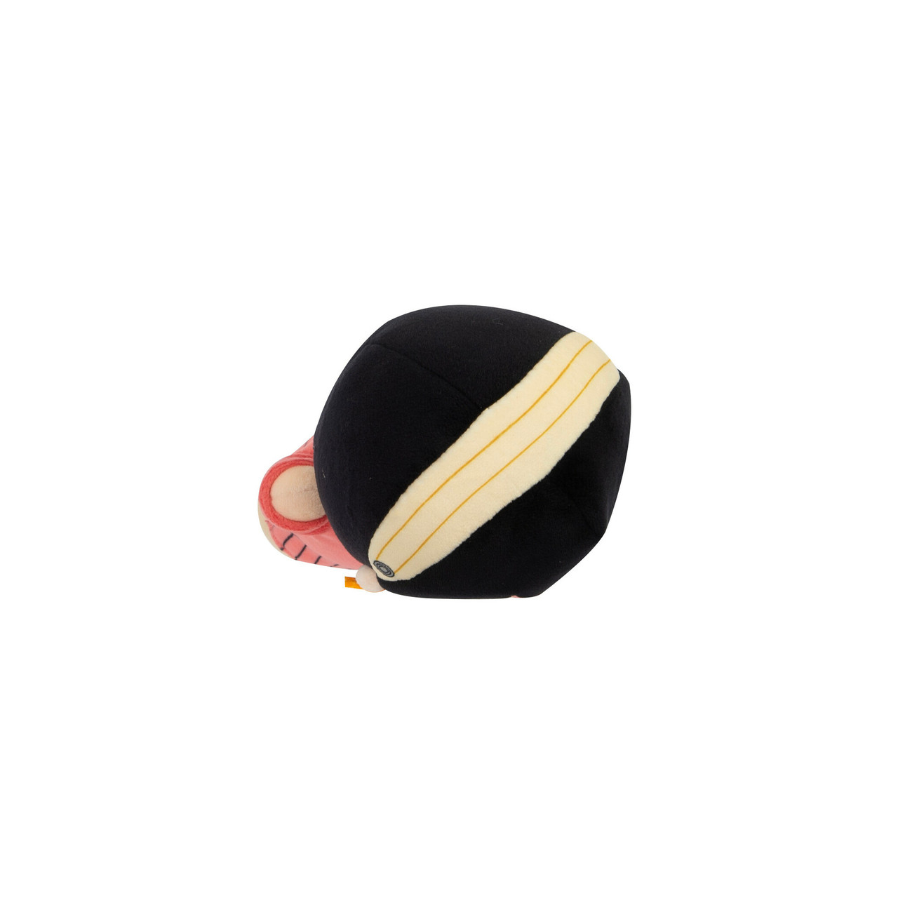 Un peluche a forma di testa, nero con una striscia color crema, orecchio rosa e parte di un viso, il tutto su sfondo bianco.
