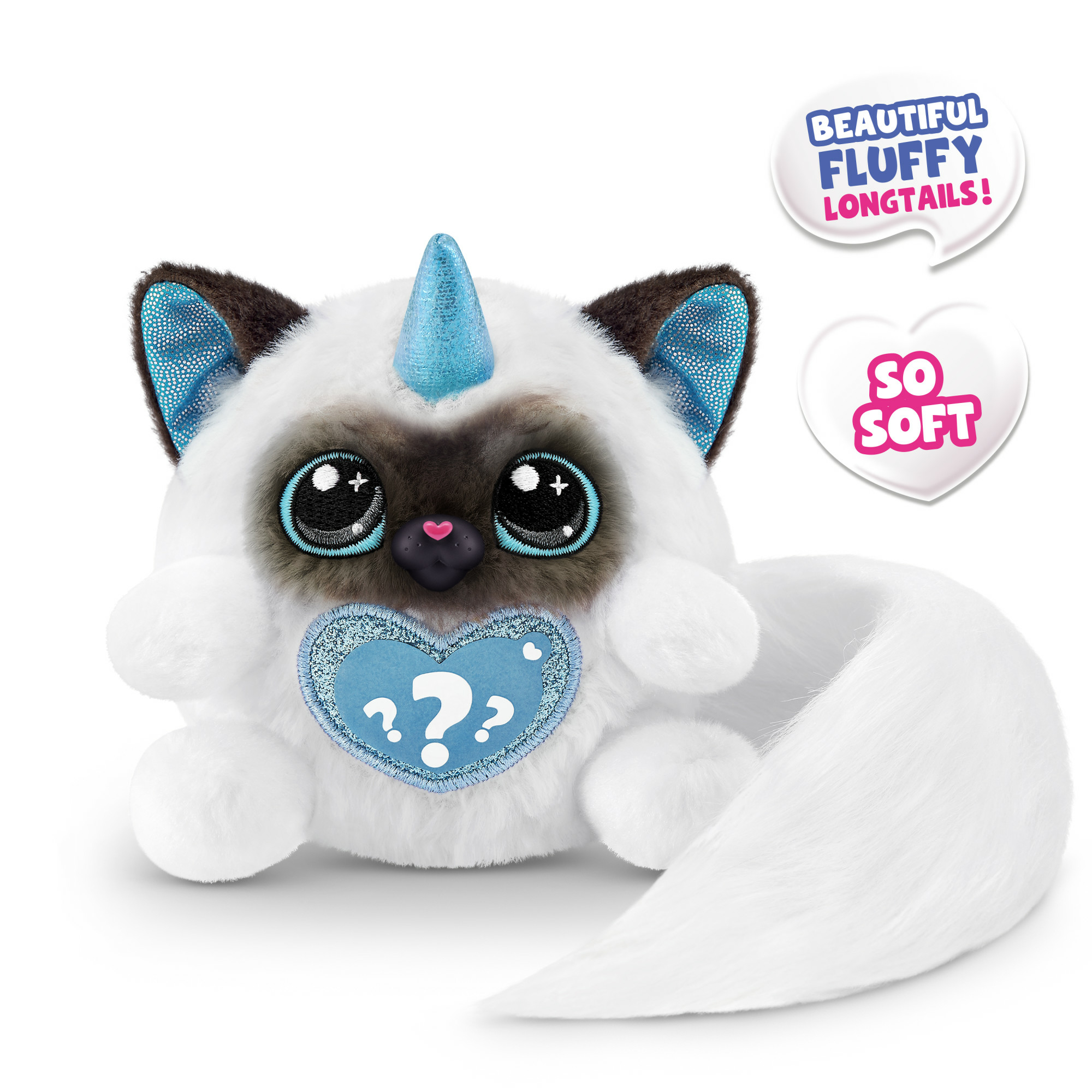 Ein weißes Plüsch-Katzen-Einhorn mit blauen Glitzerakzenten. Es hat große Augen, eine Herz-Nase und ein Fragezeichen-Herz.
